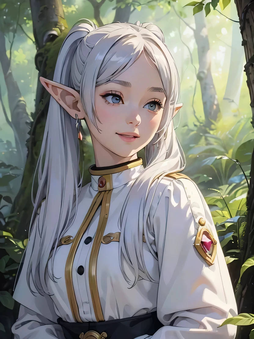 ((masterpiece、highest quality、Super detailed、High resolution、realistic、sharp focus))、face light、bust shot、high color saturation、((very delicate and beautiful))、female elf、Freelen、long silver hair、twin tails、round face、smile、white clothes、in the forest、fantasy characters、Detailed hand depiction、view audience、Frieren