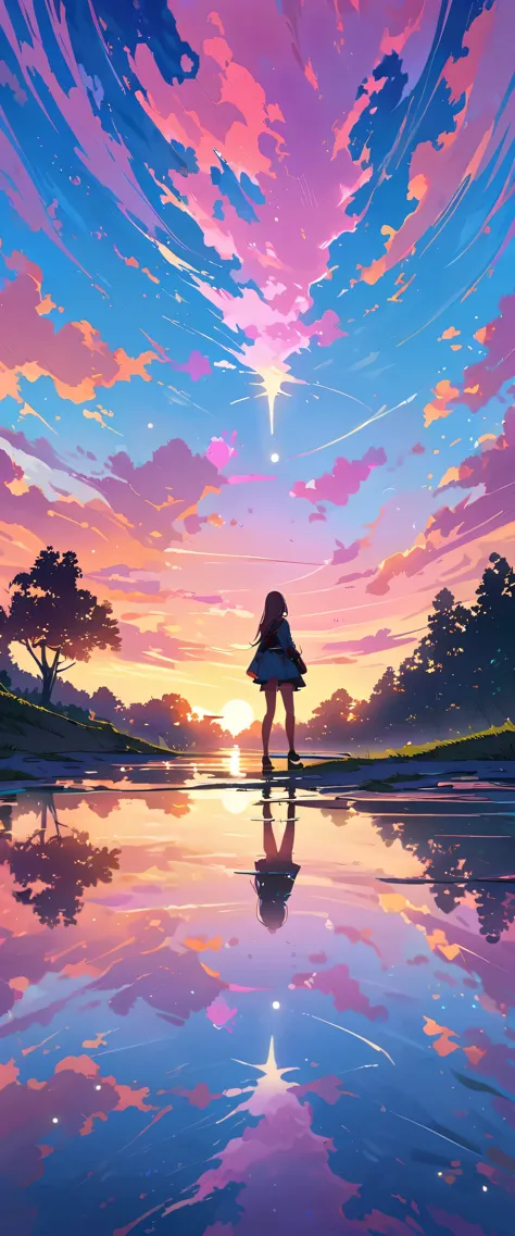 official art, unified 8k wallpaper, super detailed,  masterpiece, Best image quality，super wide angle，evening，a woman，Standing in the pond，water is like a mirror，reflecting the sky。look up to the sky，Colorful sunset，Dynamic angle, grace, bright colors,