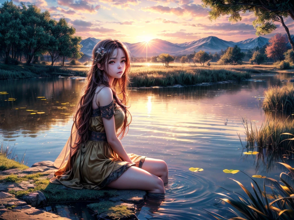 (best quality,4k,8k,highres,masterpiece:1.2),ultra-detailed,(realistic,photorealistic,photo-realistic:1.37), a girl sitting by the edge of a pond during sunset, with a melancholic expression, bathed in the warm glow of the setting sun