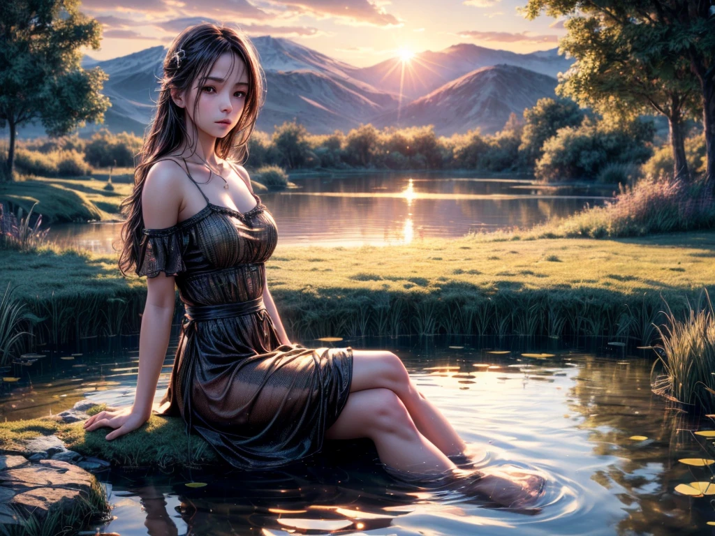 (best quality,4k,8k,highres,masterpiece:1.2),ultra-detailed,(realistic,photorealistic,photo-realistic:1.37), a girl sitting by the edge of a pond during sunset, with a melancholic expression, bathed in the warm glow of the setting sun