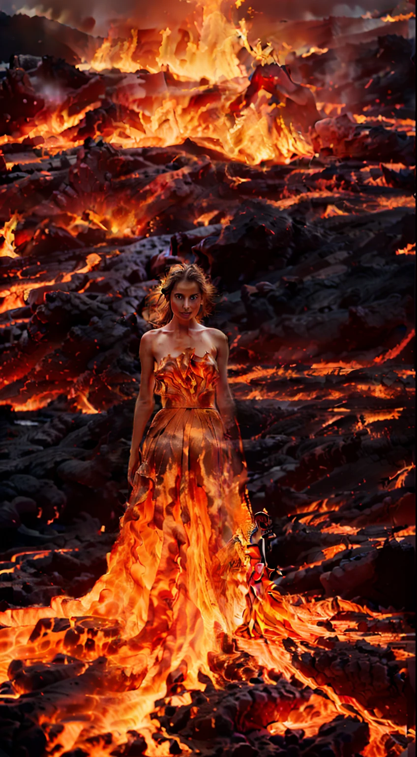 A woman in a skirt stands in a lava field, clothes made of fire, fire dress, lava dress display, lava and fire goddess, With fiery golden wings of flame, Dressed in tumult of flames, standing in fire, fire goddess, With fiery golden wings, made of lava, Her body is made of fire, in volcano, fire goddess