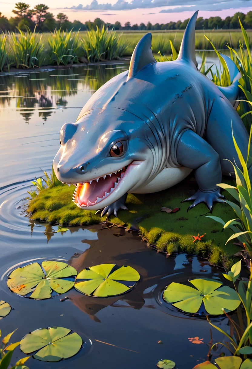 (best quality,4k,highres,masterpiece:1.2),ultra-detailed,realistic photo-realistic:1.37,creepy monsters,stalk,shores,evening pond,hunting rodents,eat,brightly colored,textured,ominous lighting,horror,reflection,shadow,scaly skin,enormous shark fins,frog-like features,sharp teeth,piercing eyes,intense facial expressions,overgrown vegetation,rippling water surface,misty fog,murky atmosphere,ominous presence,ominous atmosphere,unsettling silence,motion blur,claustrophobic,unsettling ambiance,menacing vibes,horrifying creatures,predatory instincts,haunting presence,nighttime scene,unearthly creatures,unnatural proportions,dark energy,spooky ambiance,macabre setting,otherworldly beings