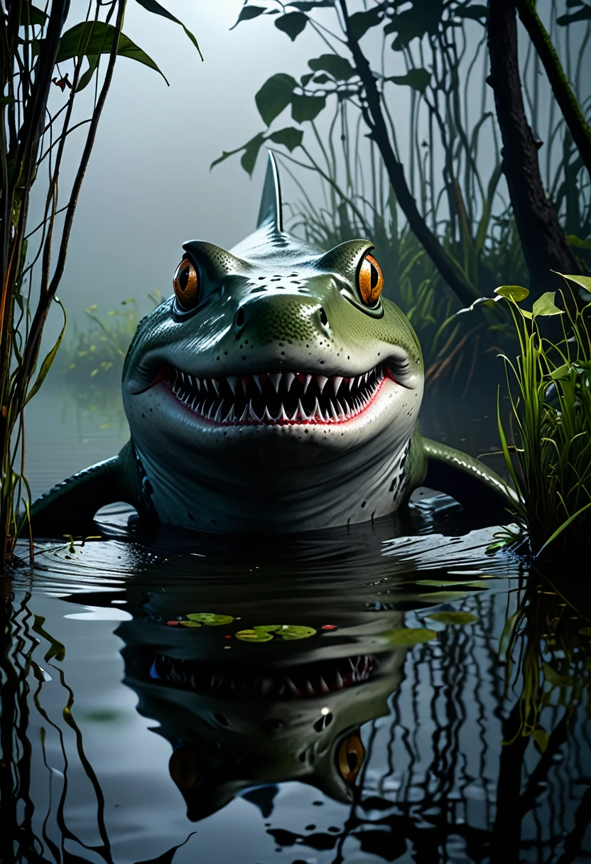 (best quality,4k,highres,masterpiece:1.2),ultra-detailed,realistic photo-realistic:1.37,creepy monsters,stalk,shores,evening pond,hunting rodents,eat,brightly colored,textured,ominous lighting,horror,reflection,shadow,scaly skin,enormous shark fins,frog-like features,sharp teeth,piercing eyes,intense facial expressions,overgrown vegetation,rippling water surface,misty fog,murky atmosphere,ominous presence,ominous atmosphere,unsettling silence,motion blur,claustrophobic,unsettling ambiance,menacing vibes,horrifying creatures,predatory instincts,haunting presence,nighttime scene,unearthly creatures,unnatural proportions,dark energy,spooky ambiance,macabre setting,otherworldly beings