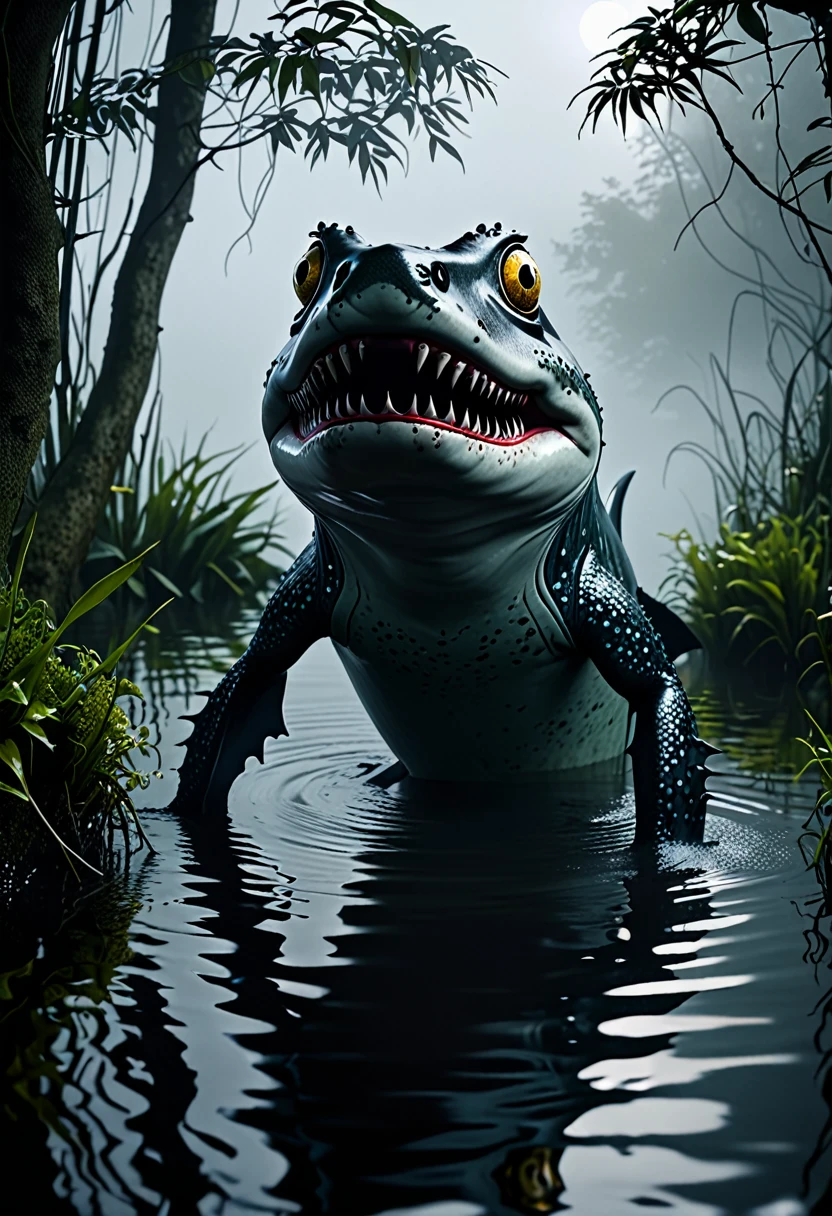 (best quality,4k,highres,masterpiece:1.2),ultra-detailed,realistic photo-realistic:1.37,creepy monsters,stalk,shores,evening pond,hunting rodents,eat,brightly colored,textured,ominous lighting,horror,reflection,shadow,scaly skin,enormous shark fins,frog-like features,sharp teeth,piercing eyes,intense facial expressions,overgrown vegetation,rippling water surface,misty fog,murky atmosphere,ominous presence,ominous atmosphere,unsettling silence,motion blur,claustrophobic,unsettling ambiance,menacing vibes,horrifying creatures,predatory instincts,haunting presence,nighttime scene,unearthly creatures,unnatural proportions,dark energy,spooky ambiance,macabre setting,otherworldly beings