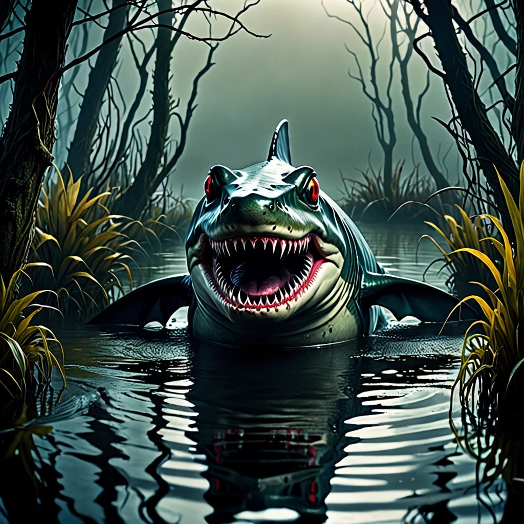 (best quality,4k,highres,masterpiece:1.2),ultra-detailed,realistic photo-realistic:1.37,creepy monsters,stalk,shores,evening pond,hunting rodents,eat,brightly colored,textured,ominous lighting,horror,reflection,shadow,scaly skin,enormous shark fins,frog-like features,sharp teeth,piercing eyes,intense facial expressions,overgrown vegetation,rippling water surface,misty fog,murky atmosphere,ominous presence,ominous atmosphere,unsettling silence,motion blur,claustrophobic,unsettling ambiance,menacing vibes,horrifying creatures,predatory instincts,haunting presence,nighttime scene,unearthly creatures,unnatural proportions,dark energy,spooky ambiance,macabre setting,otherworldly beings