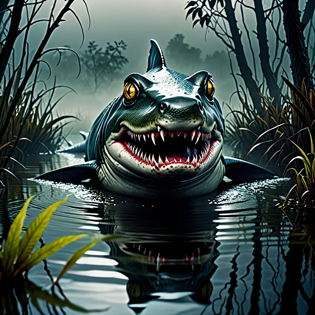 (best quality,4k,highres,masterpiece:1.2),ultra-detailed,realistic photo-realistic:1.37,creepy monsters,stalk,shores,evening pond,hunting rodents,eat,brightly colored,textured,ominous lighting,horror,reflection,shadow,scaly skin,enormous shark fins,frog-like features,sharp teeth,piercing eyes,intense facial expressions,overgrown vegetation,rippling water surface,misty fog,murky atmosphere,ominous presence,ominous atmosphere,unsettling silence,motion blur,claustrophobic,unsettling ambiance,menacing vibes,horrifying creatures,predatory instincts,haunting presence,nighttime scene,unearthly creatures,unnatural proportions,dark energy,spooky ambiance,macabre setting,otherworldly beings