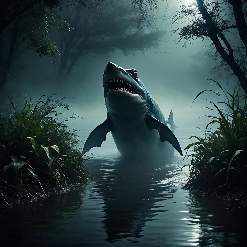 (best quality,4k,highres,masterpiece:1.2),ultra-detailed,realistic photo-realistic:1.37,creepy monsters,stalk,shores,evening pond,hunting rodents,eat,brightly colored,textured,ominous lighting,horror,reflection,shadow,scaly skin,enormous shark fins,frog-like features,sharp teeth,piercing eyes,intense facial expressions,overgrown vegetation,rippling water surface,misty fog,murky atmosphere,ominous presence,ominous atmosphere,unsettling silence,motion blur,claustrophobic,unsettling ambiance,menacing vibes,horrifying creatures,predatory instincts,haunting presence,nighttime scene,unearthly creatures,unnatural proportions,dark energy,spooky ambiance,macabre setting,otherworldly beings