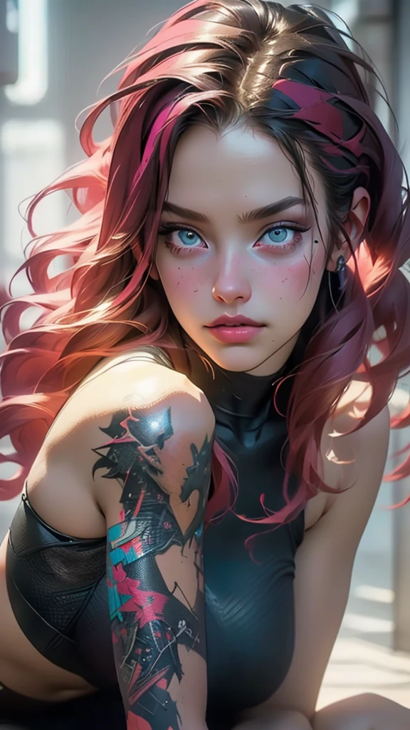 Corps entier Long Shot:1.4, ((jeune femme sensuelle et belle ultra détaillée)), sourire sensuel, avec un tatouage sur le bras et la joue, beautiful and modern hairstyle with a lock of rose hair, Belle fille cyberpunk, beau visage fille cyberpunk, rêveur, ((cheveux beaux et détaillés, doux et lumineux:1.3)), environnement sombre, 8K ultra réaliste, Cyberpunk 20 ans. ou fille modèle, Le portrait, très détaillé 32k digital art, Belle œuvre d&#39;art numérique, Cyborg Cyberpunk. rose, orange, cyan, couleurs marron, art numérique réaliste en 8k, éclairage doux au néon sur le visage et le corps, (( très détaillé: 1.4), (( chef-d&#39;œuvre )), ( Hyper détaillé et beau: 1.3), (photoréaliste: 1.4)