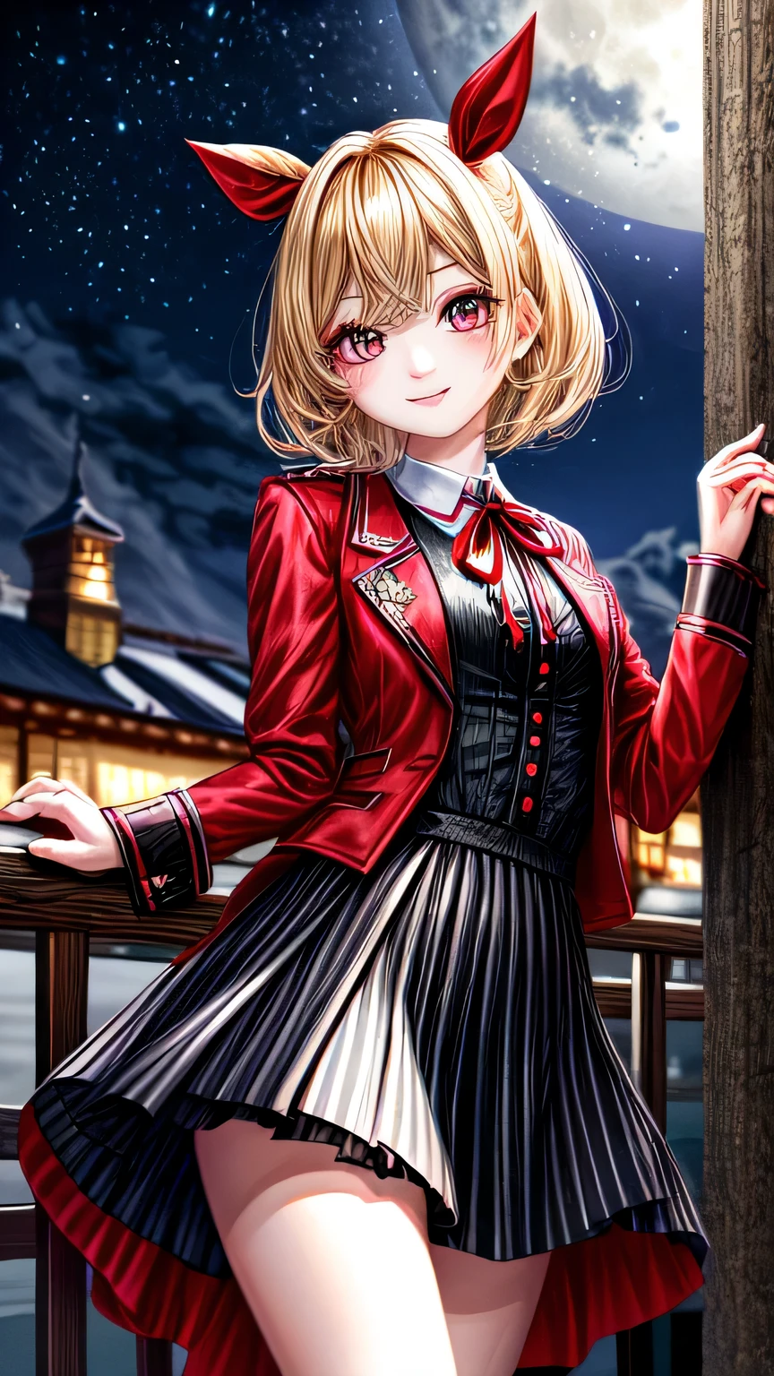 high quality, 最high quality, masterpiece, disorganized, red_Jacket, ribbon, black_eye, blonde_hair, short_hair, hair_ribbon, smile, 1 girl, torn clothes, Cloth,  Dense and beautiful black eyes, beautiful detailed lips, Highly detailed eyes and face, long eyelashes, detailed face, masterpiece, 最high quality, high quality, High resolution, (moonlit night background), Click here for eye line、