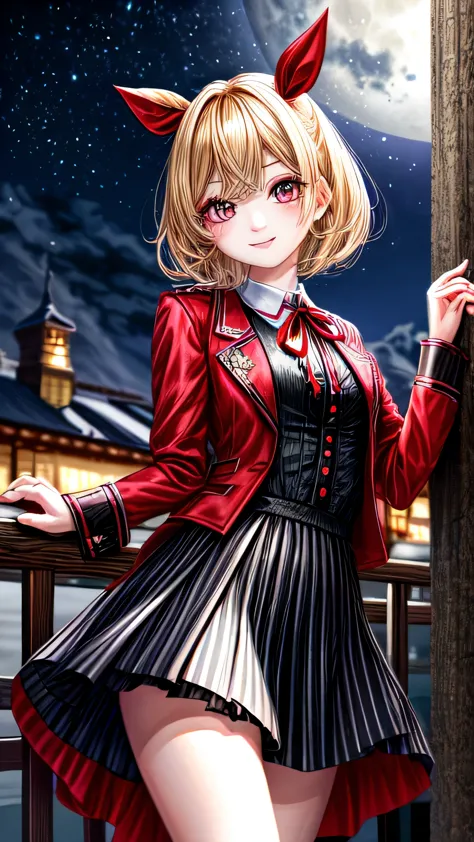 high quality, 最high quality, masterpiece, disorganized, red_jacket, ribbon, black_eye, blonde_hair, short_hair, hair_ribbon, smi...