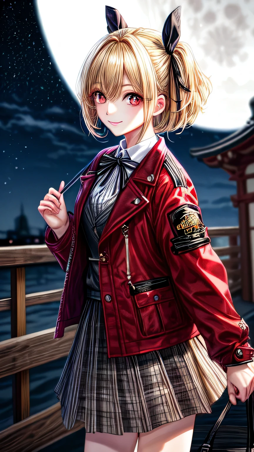 high quality, 最high quality, masterpiece, disorganized, red_Jacket, ribbon, black_eye, blonde_hair, short_hair, hair_ribbon, smile, 1 girl, torn clothes, Cloth,  Dense and beautiful black eyes, beautiful detailed lips, Highly detailed eyes and face, long eyelashes, detailed face, masterpiece, 最high quality, high quality, High resolution, (moonlit night background), Click here for eye line、