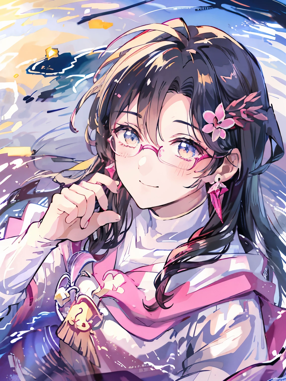 sensational face、magic effect、pink and yellow pastel colors、red earrings、Glasses、wizard、detailed、muste piece、in water、Ripples on the surface of the water、soft air、