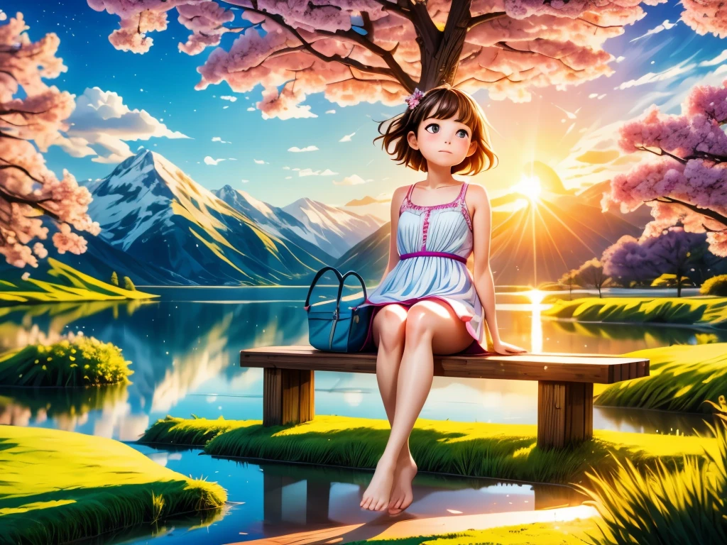 (best quality,4k,highres,masterpiece:1.2),ultra-detailed,(realistic:1.37),HDR,UHD,professional,vivid colors,bokeh,various shades of orange,painting,soft light,fine brushstrokes,peaceful,serene,lakeside setting,beautiful reflection on the water,golden hour,tranquil atmosphere,colorful clouds,gentle breeze,calm water surface,ripples,weaving branches of willow trees,silhouette of distant mountains,pink and purple hues,lonely bench embracing the solitude,young girl sitting by the lake,feminine floral dress,her wavy hair dancing with the wind,sadness in her eyes and expression,contemplating life's mysteries and bittersweet moments,dainty bare feet on the cool grass,subtle hints of nostalgia and longing,poetic ambiance,forest creatures peeking curiously from behind trees,hint of melancholy and hope in the air,subtle rays of sunlight illuminating her delicate features,creating a poignant image of solitude and beauty.