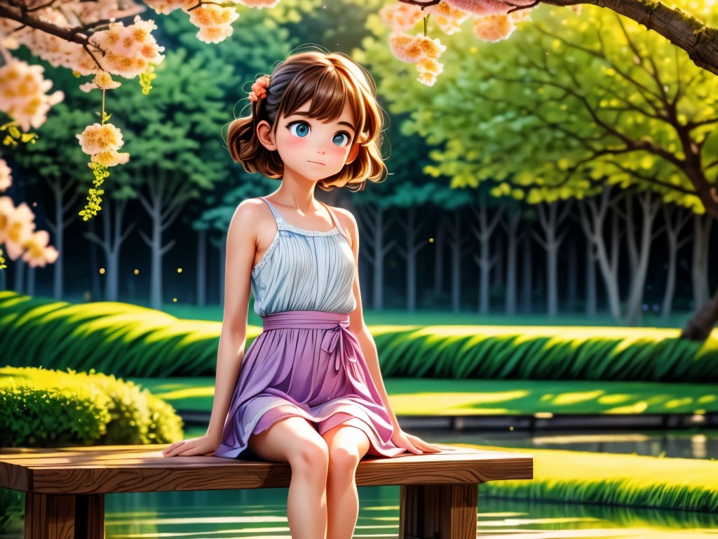 (best quality,4k,highres,masterpiece:1.2),ultra-detailed,(realistic:1.37),HDR,UHD,professional,vivid colors,bokeh,various shades of orange,painting,soft light,fine brushstrokes,peaceful,serene,lakeside setting,beautiful reflection on the water,golden hour,tranquil atmosphere,colorful clouds,gentle breeze,calm water surface,ripples,weaving branches of willow trees,silhouette of distant mountains,pink and purple hues,lonely bench embracing the solitude,young girl sitting by the lake,feminine floral dress,her wavy hair dancing with the wind,sadness in her eyes and expression,contemplating life's mysteries and bittersweet moments,dainty bare feet on the cool grass,subtle hints of nostalgia and longing,poetic ambiance,forest creatures peeking curiously from behind trees,hint of melancholy and hope in the air,subtle rays of sunlight illuminating her delicate features,creating a poignant image of solitude and beauty.