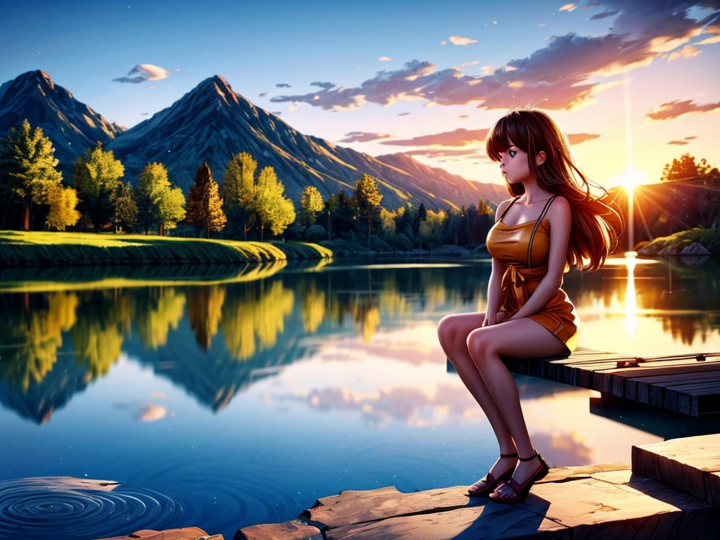 (best quality,4k,8k,highres,masterpiece:1.2),ultra-detailed,(realistic,photorealistic,photo-realistic:1.37),dusk,serene atmosphere,golden hues,tranquil lake,girl sitting,forlorn expression,shadows dancing,soft ripples,graceful silhouette,subtle breeze,reflective waters,warm sunlight,beautiful colors,vibrant reflections