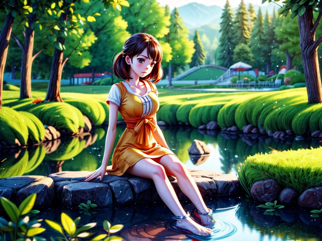 (best quality,4k,8k,highres,masterpiece:1.2),ultra-detailed,(realistic,photorealistic,photo-realistic:1.37),dusk,serene atmosphere,golden hues,tranquil lake,girl sitting,forlorn expression,shadows dancing,soft ripples,graceful silhouette,subtle breeze,reflective waters,warm sunlight,beautiful colors,vibrant reflections