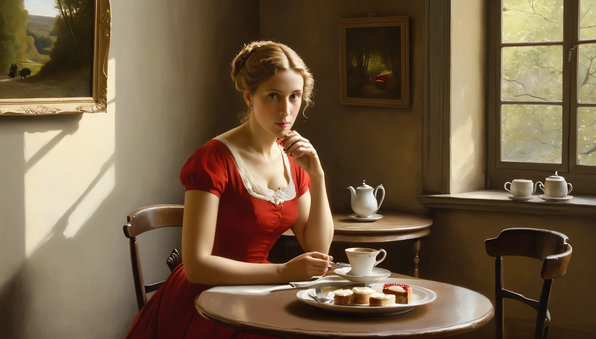 An oil painting in the style of Camille Corot portrays a 50-year woman in a short, fitted red dress with short, sparse, light curly hair drinking hot tea. On the table, there is a plate with salad and a small red cheesecake. She is contemplating divorce from her husband. In the background, the walls of a cozy Buenos Aires very small cafe adorned with paintings by the artist Camille Corot, with morning light streaming in through the window.