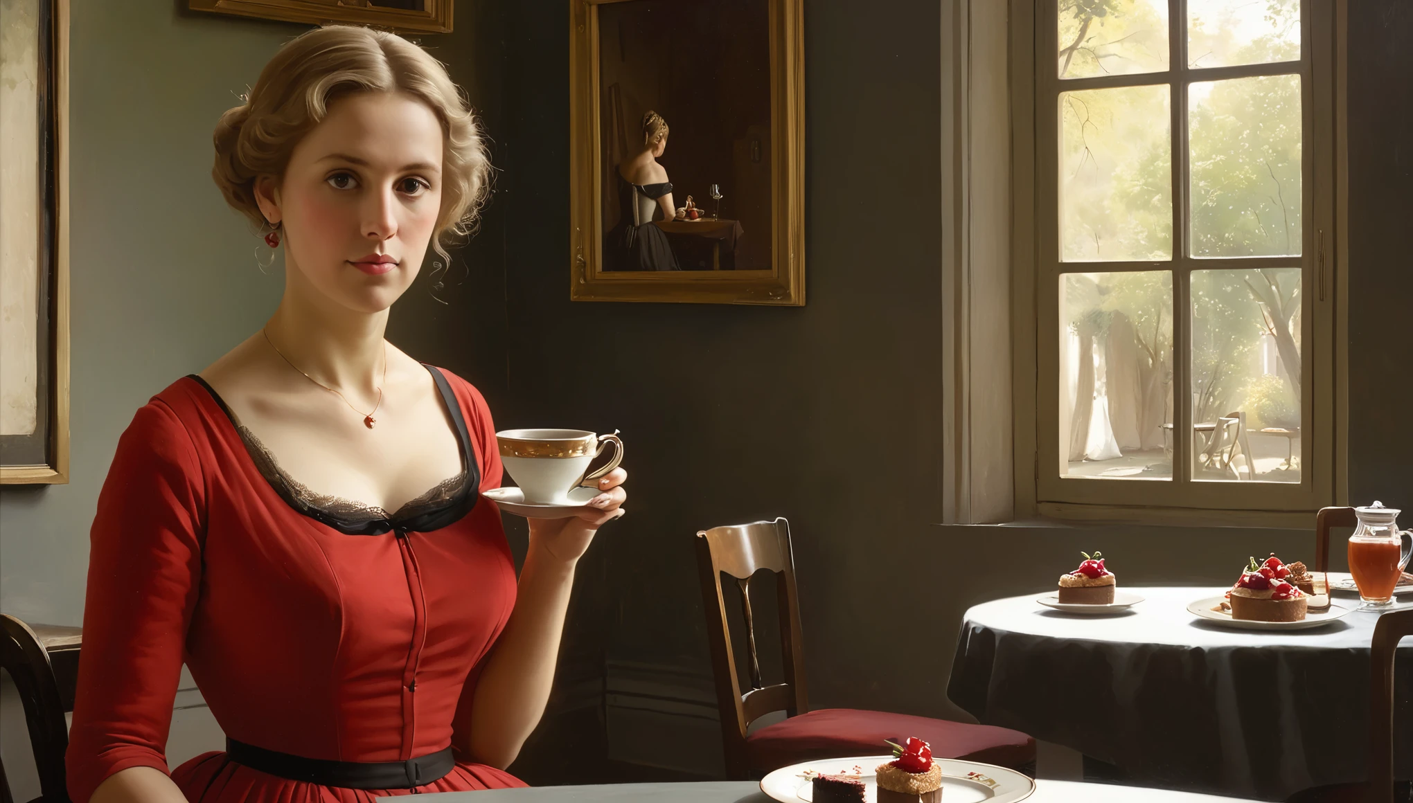 An oil painting in the style of Camille Corot portrays a 50-year woman in a short, fitted red dress with short, sparse, light curly hair drinking hot tea. On the table, there is a plate with salad and a small red cheesecake. She is contemplating divorce from her husband. In the background, the walls of a cozy Buenos Aires very small cafe adorned with paintings by the artist Camille Corot, with morning light streaming in through the window.