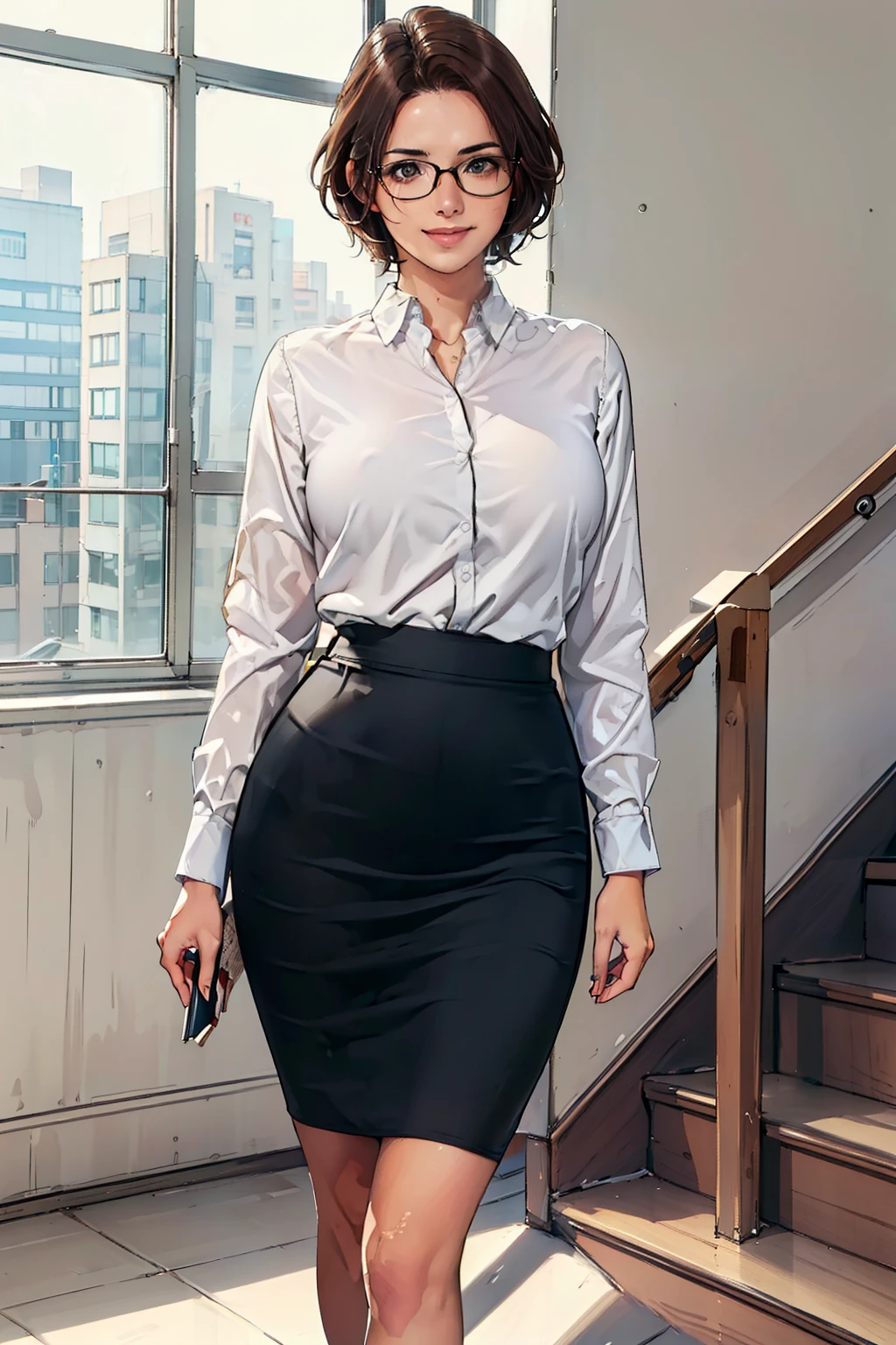 ((Realistic Light, Best Quality, 8K, Masterpiece: 1.3)), 1girl, female teacher, Slim Beauty: 1.4, (Brown hair,  short hair length to shoulder, glasses, large breasts: 1.3), wearing long sleeve white shirt(( appropriate shirt)), black pencil skirt((length skirt to the knee)), walking alone at stair inside school, holding book(( only book)), smile, 