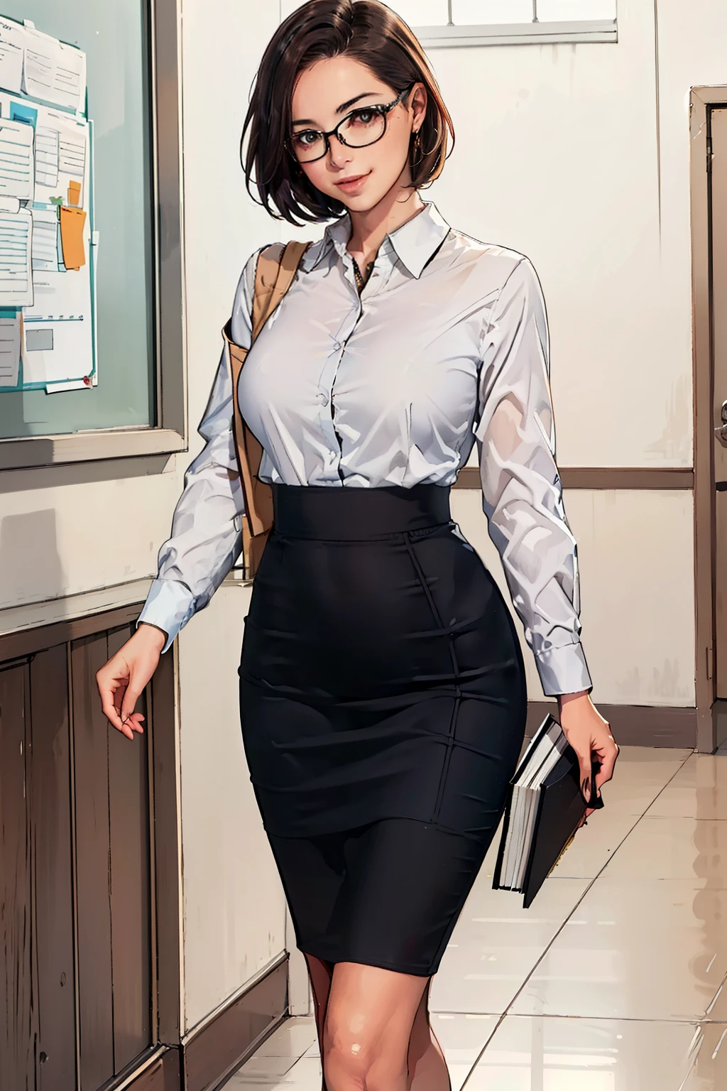 ((Realistic Light, Best Quality, 8K, Masterpiece: 1.3)), 1girl, female teacher, Slim Beauty: 1.4, (Brown hair,  short hair length to shoulder, glasses, large breasts: 1.3), wearing long sleeve white shirt(( appropriate shirt)), black pencil skirt((length skirt to the knee)), walking alone at stair inside school, holding book(( only book)), smile, 