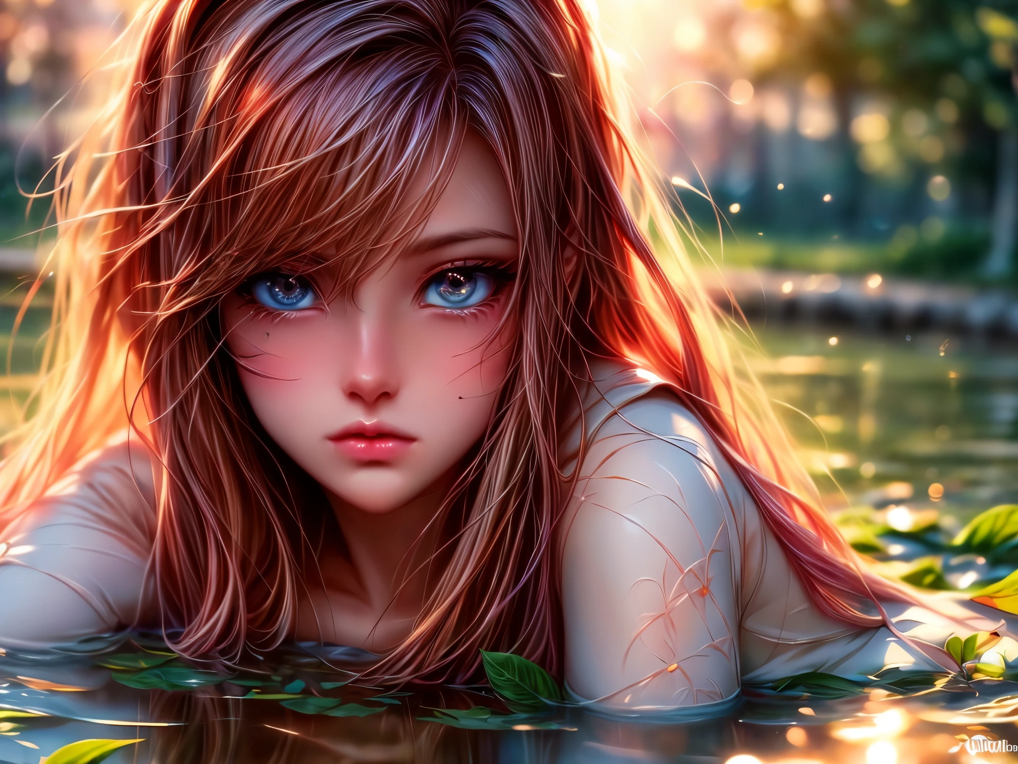 (best quality,4k,highres),sitting girl,detailed face,beautiful eyes and lips,sad expression,soft light,reflective pond,rustling leaves,sunset colors,vivid reflection,serene atmosphere,realistic style,subtle emotive cues