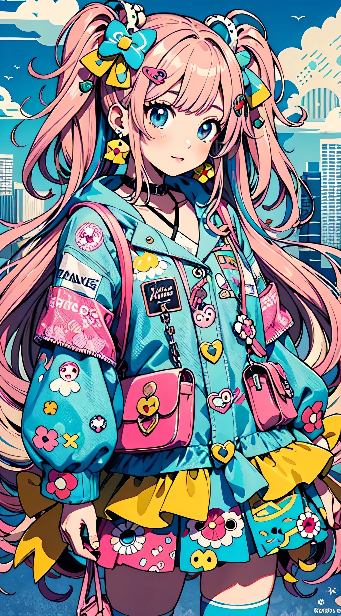 El estilo Takashi Murakami、chica anime con cabello rosado, Chaqueta azul y bolso rosa., estilo animado 4 k, Ilustración de estilo decorativo, fondo de pantalla de arte anime 4k, fondo de pantalla de arte anime 4k, fondo de pantalla animado 4k, fondo de pantalla animado 4k, estilo animado. 8k, atmósfera animada, Fondo de pantalla de arte animado 8K, estilo animado illustration, estilo de arte animado, estilo animadod, lindo arte digital detallado