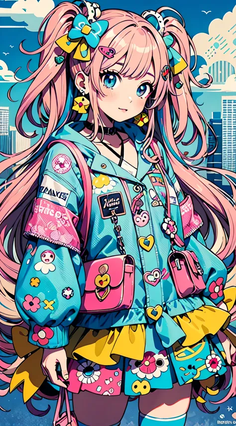 Takashi Murakami style、Anime girl with pink hair, blue jacket and pink purse, anime style 4 k, Decora style illustration, anime ...