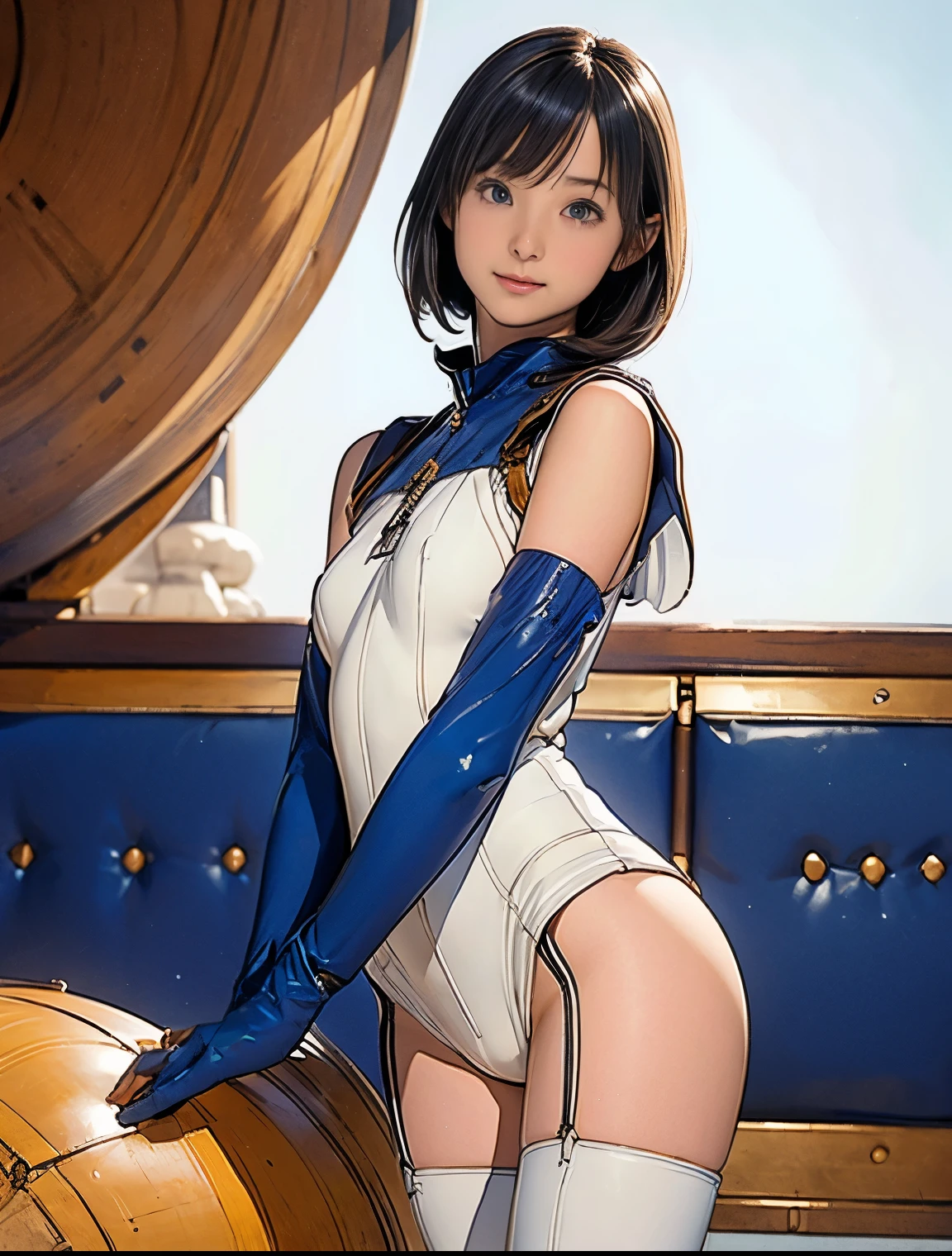 (masterpiece、best quality、Highest resolution、Clear_image、detailed details): (full body picture、15 year old girl、Japanese face、small face、thin、Navy blue super short bob、blue eyes、Blue and Black Shiny Aviator Suit、Armor that protects the chest、tight clothes、Clothes that cover the whole body、leggings、Very delicate and beautiful、hide thighs、hide your ass、Cute type、gentle smile、soft expression、earphone、knee high boots、Gloves come to elbow length、Shooting at eye level、face directly、woman on spaceship), (((camel toe))), ((Plain white tights))