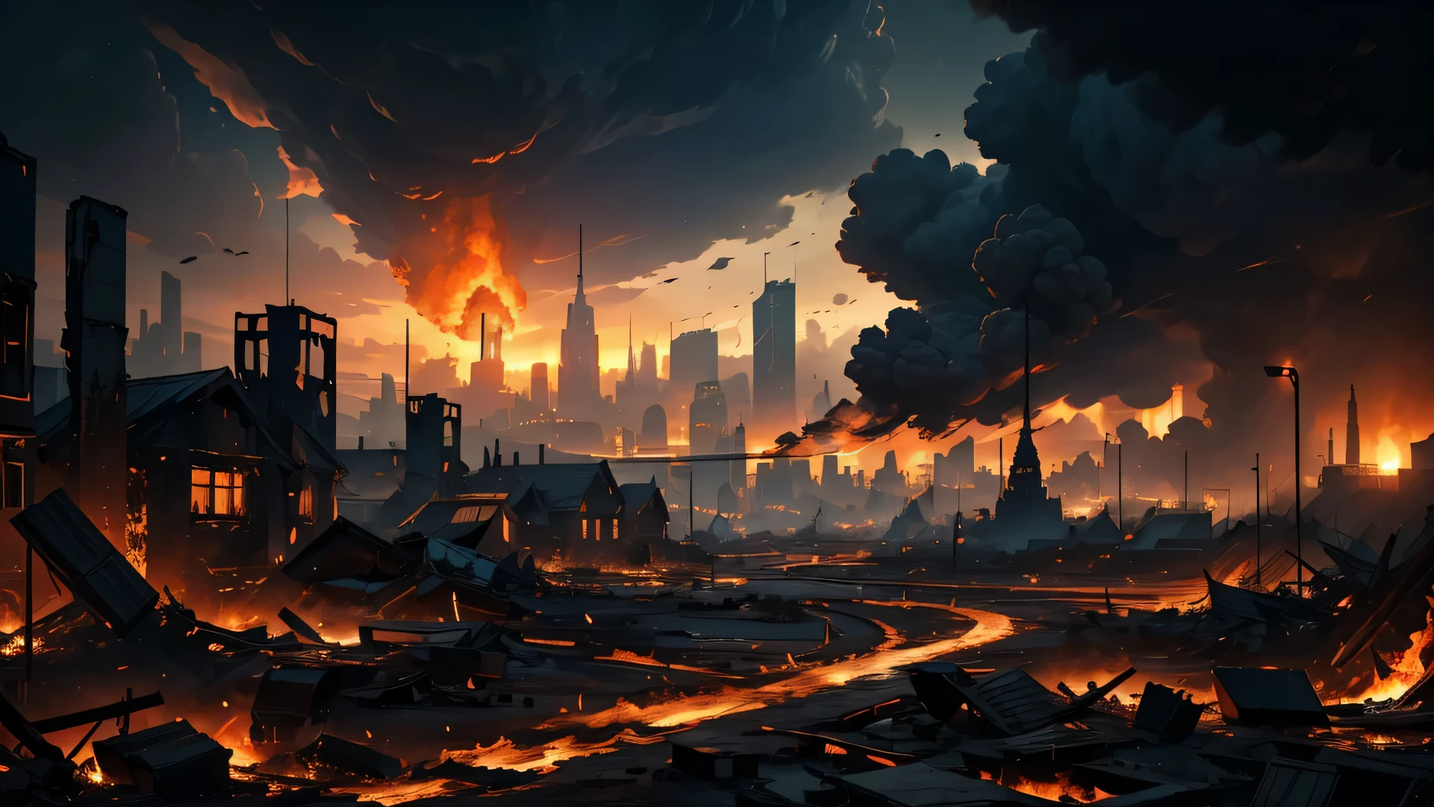 (best quality,ultra resolution,highres,masterpiece:1.2),professional,ultra-detailed,dark landscape with a city with destroyed houses, flames and smoke, night