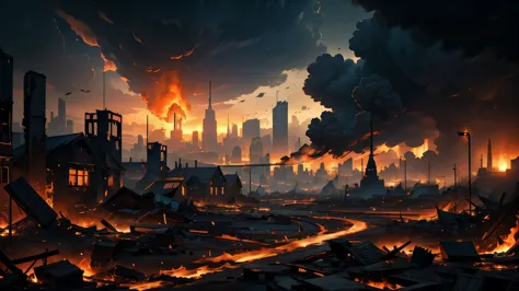 (best quality,ultra resolution,highres,masterpiece:1.2),professional,ultra-detailed,dark landscape with a city with destroyed ho...
