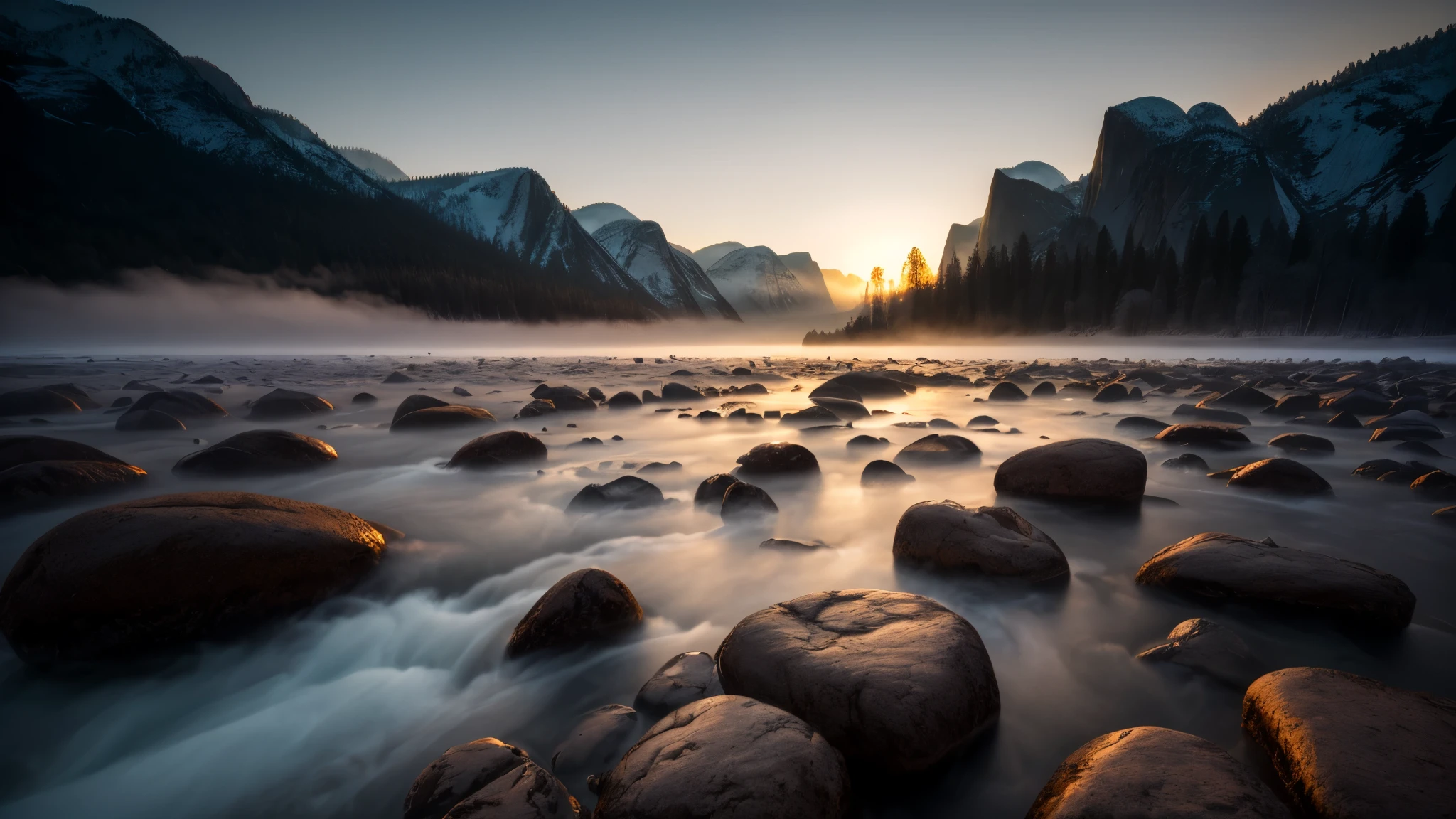 A photo of a river，There are rocks in the foreground，远景snow mountain，（Sunrise light and shadow），Cool and warm colors，（snow mountain，snow，snow scene，Snow on the ground），4k高清photography, yosemite, yosemite valley, photography, inspired by Ansel Adams, photography, riverside,（valley mist），Mark Adams, by Ansel Adams, ryan dyar, photography, photography