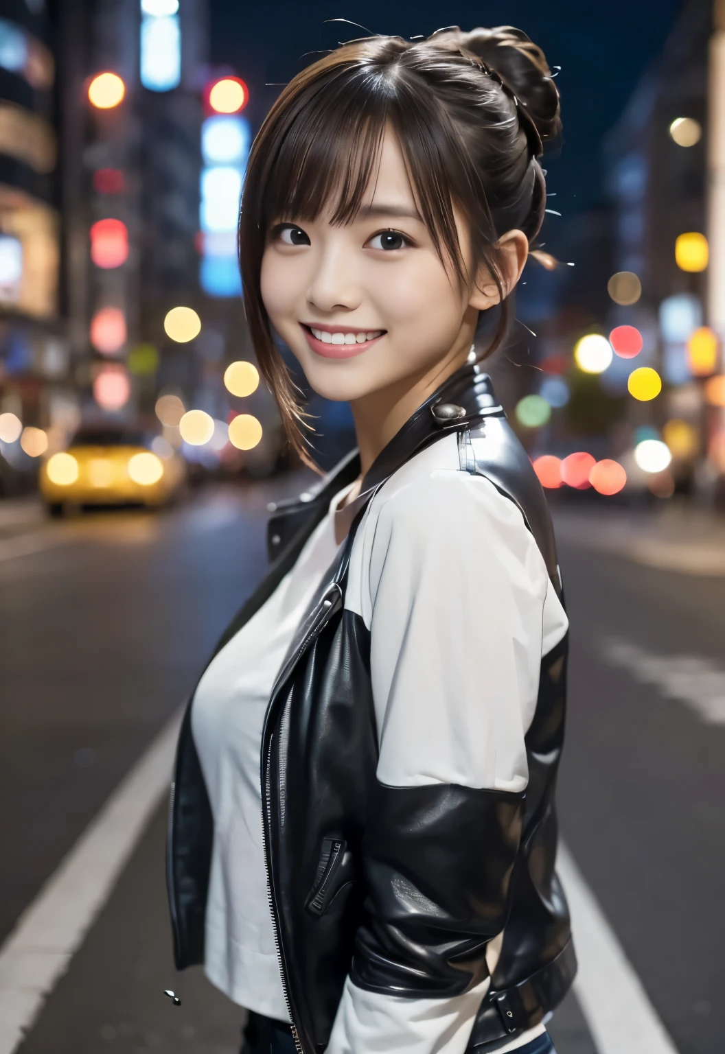 (((City:1.3, outdoor, Photographed from the front))), ((bun hair:1.3,leather jacket,Smile,japanese woman,cute)), (clean, natural makeup), (highest quality, masterpiece:1.3, 超High resolution), (Super detailed, caustics), (realistic:1.4, RAW shooting), very detailed, High resolution, 16K resolution