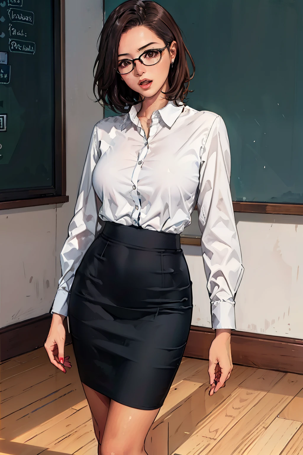 ((Realistic Light, Best Quality, 8K, Masterpiece: 1.3)), 1girl, female teacher, Slim Beauty: 1.4, (Brown hair,  short hair length to shoulder, glasses, large breasts: 1.3), wearing long sleeve white shirt(( appropriate shirt)), black pencil skirt((length skirt to the knee)), standing alone inside the empty classroom, front view, medium shot, with little shock expression, open mouth, 