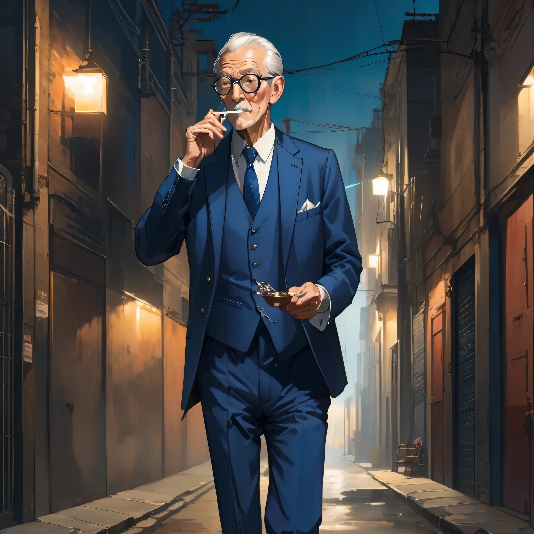 Skinny old man wearing glasses and smoking a cigarette wearing a dark blue suit walking in a dark alley