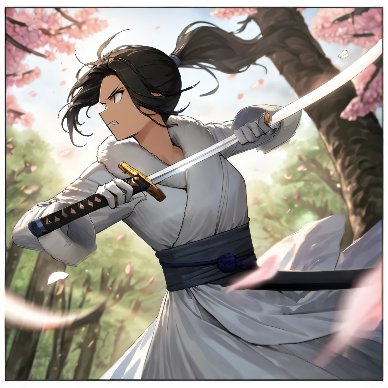 Spring Morning,(spring),(morning),(windy),(blood),(motion blur),(dress in white),Petals fluttering in the wind, shining swords, helpless expression, anger, fighting with death, very detailed expression, very detailed petals,ponytail, 2swordsman fighting,fight,gongfu,stand in trees, 2swordsman stood in a peach tree forest with petals dancing,petals , detailed ,completing the stable diffusion of serenity and contentment,masterpiece, best quality,masterpiece, best quality, swordman,holding a sword(trees:0.5),(eagle:0.5), (bamboo:0.2) fighting stance, 1man, glowing, solo, weapon, sword, tree, holding, gloves, outdoors, sheath, border, holding weapon, black hair, holding sword, fur trim, looking away,look at view