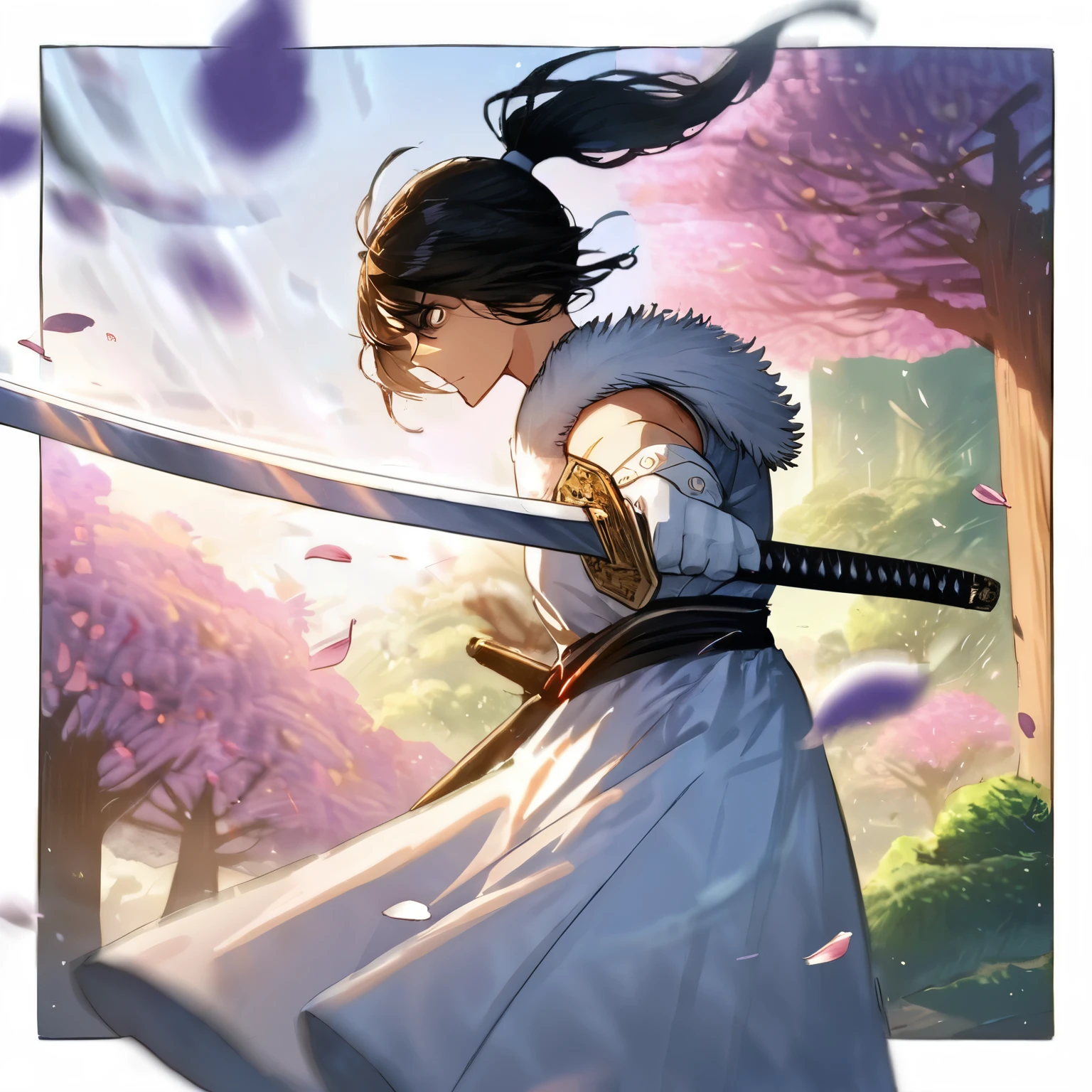 (windy),(blood),(motion blur),(dress in white),Petals fluttering in the wind, shining swords, helpless expression, anger, fighting with death, very detailed expression, very detailed petals,ponytail, 2swordsman fighting,fight,gongfu,stand in trees, 2swordsman stood in a peach tree forest with petals dancing,petals , detailed ,completing the stable diffusion of serenity and contentment,masterpiece, best quality,masterpiece, best quality, swordman,holding a sword(trees:0.5),(eagle:0.5), (bamboo:0.2) fighting stance, 1man, glowing, solo, weapon, sword, tree, holding, gloves, outdoors, sheath, border, holding weapon, black hair, holding sword, fur trim, looking away,look at view