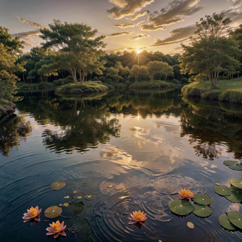 (best quality,highres:1.2),ultra-detailed,realistic,landscape,evening pond,beautiful reflections,tranquil atmosphere,soft sunlight,serene water surface,lush green vegetation,peaceful setting,calm and quiet scene,natural harmony,subtle color palette,soothing ambiance,gentle breeze,slender reeds,distant birdsong,vivid colors,sunset hues,majestic beauty,crimson and golden sky,dreamlike,ethereal,water lilies floating,submerged rocks,rippled patterns on the water,sublime tranquility,harmonious balance,effortlessly elegant composition