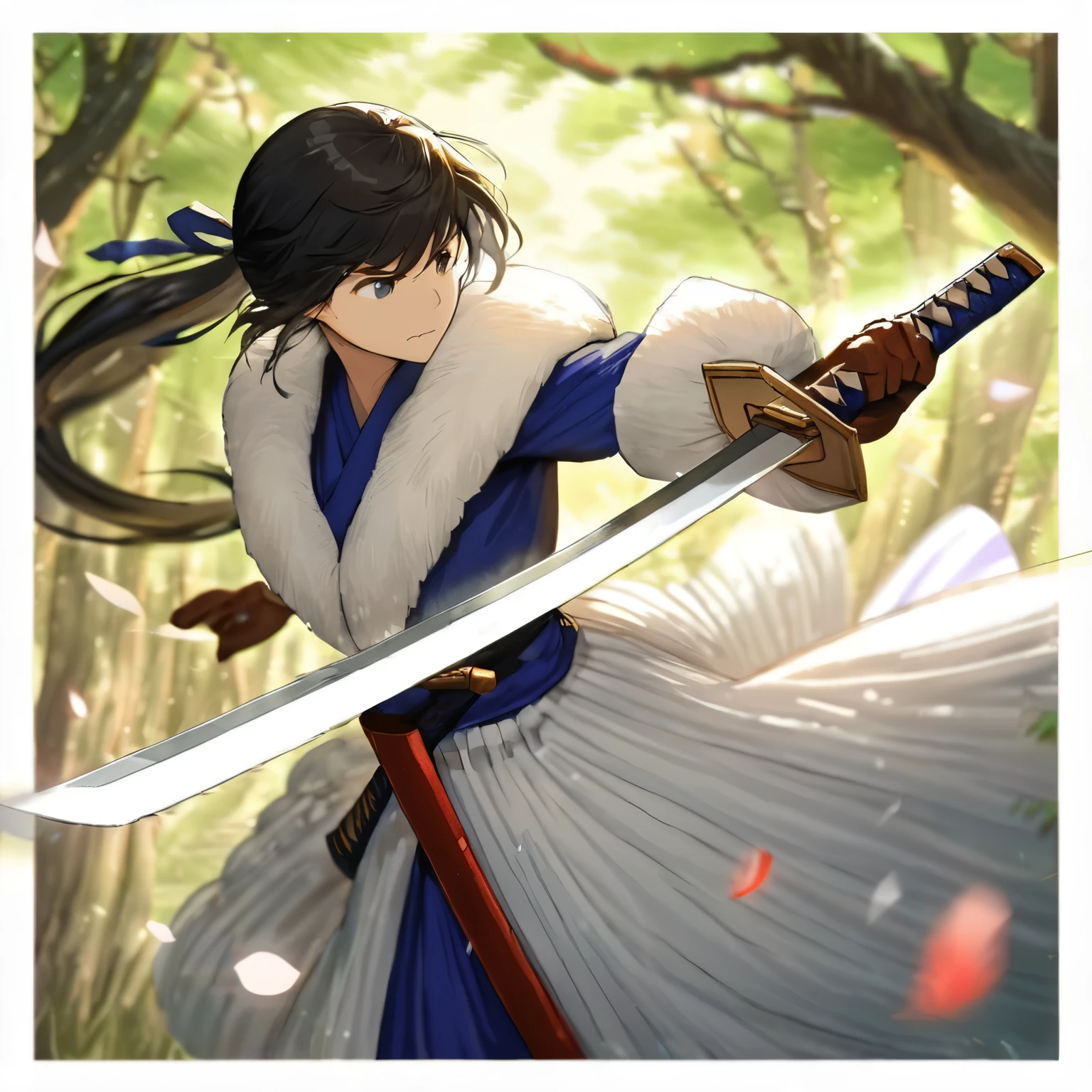 Spring Morning,(spring),(morning),(windy),(blood),(motion blur),(dress in white),Petals fluttering in the wind, shining swords, helpless expression, anger, fighting with death, very detailed expression, very detailed petals,ponytail, 2swordsman fighting,fight,gongfu,stand in trees, 2swordsman stood in a peach tree forest with petals dancing,petals , detailed ,completing the stable diffusion of serenity and contentment,masterpiece, best quality,masterpiece, best quality, swordman,holding a sword(trees:0.5),(eagle:0.5), (bamboo:0.2) fighting stance, 1man, glowing, solo, weapon, sword, tree, holding, gloves, outdoors, sheath, border, holding weapon, black hair, holding sword, fur trim, looking away,look at view