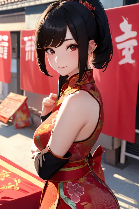 A girl wearing a cheongsam during the traditional Chinese Spring Festival