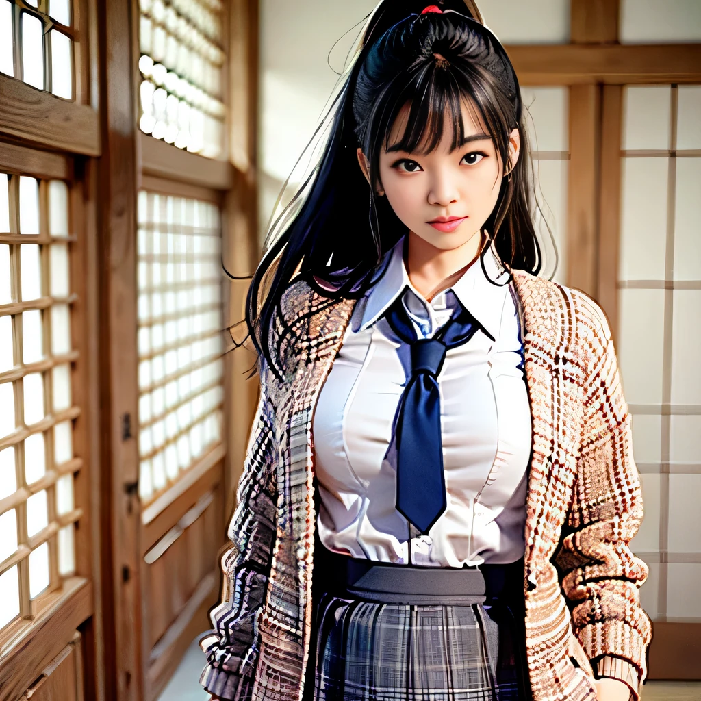 ((Uniforme de lycée japonais)),Portez une jupe courte plissée 、Culotte en soie qui dépasse、coup de culotte、Focus sur la culotte、corps à la peau douce、queue de cheval, fille japonaise, 8k, seins énormes,photo de tout le corps、 la plus haute qualité, chef-d&#39;œuvre, réaliste, Photoréaliste super detail, une fille, mignon, Meilleur sourire, Beaux yeux, cheveux longs, visage parfait,photo de tout le corps