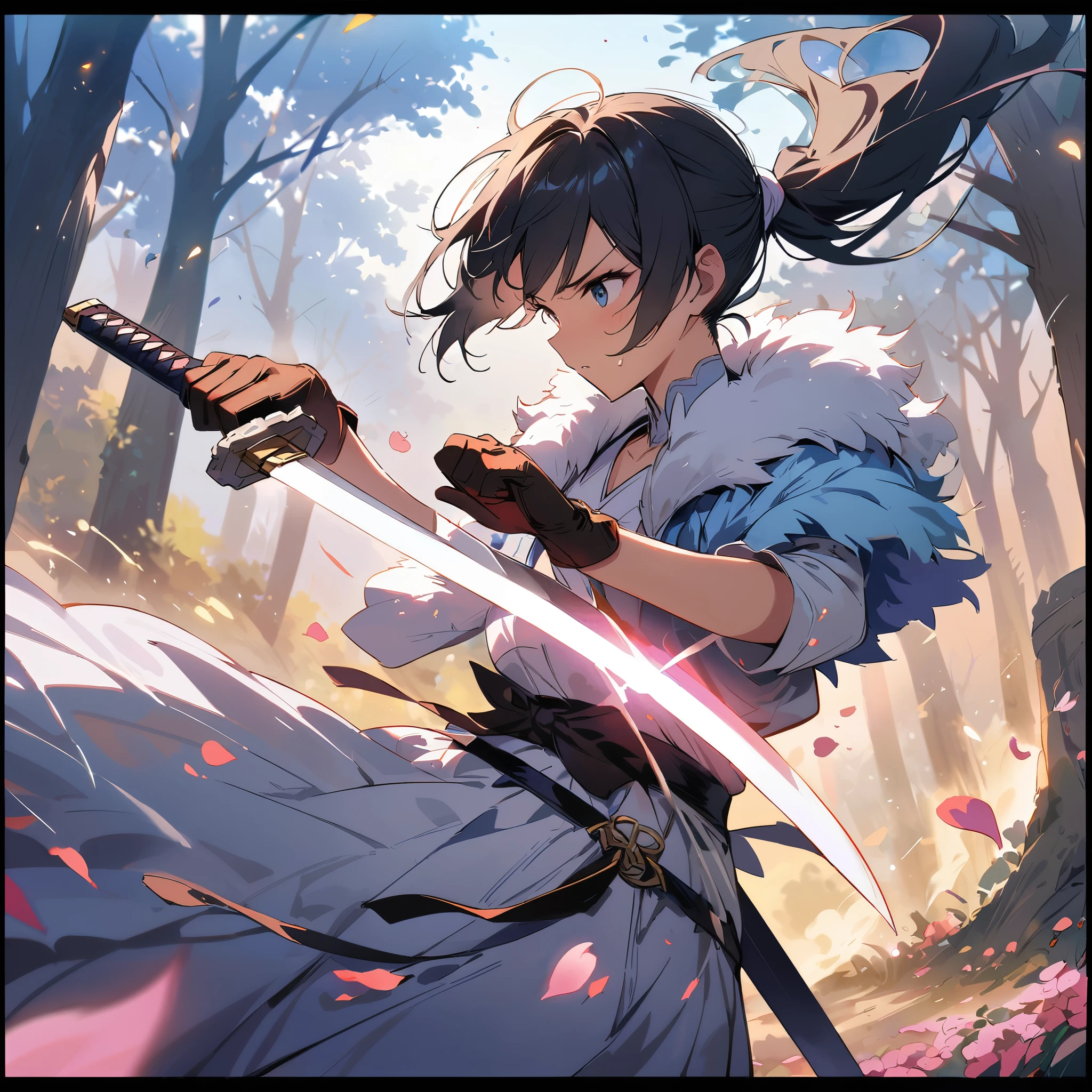 (windy),(blood),(motion blur),(dress in white),Petals fluttering in the wind, shining swords, helpless expression, anger, fighting with death, very detailed expression, very detailed petals,ponytail, 2swordsman fighting,fight,gongfu,stand in trees, 2swordsman stood in a peach tree forest with petals dancing,petals , detailed ,completing the stable diffusion of serenity and contentment,masterpiece, best quality,masterpiece, best quality, swordman,holding a sword(trees:0.5),(eagle:0.5), (bamboo:0.2) fighting stance, 1man, glowing, solo, weapon, sword, tree, holding, gloves, outdoors, sheath, border, holding weapon, black hair, holding sword, fur trim, looking away,look at view