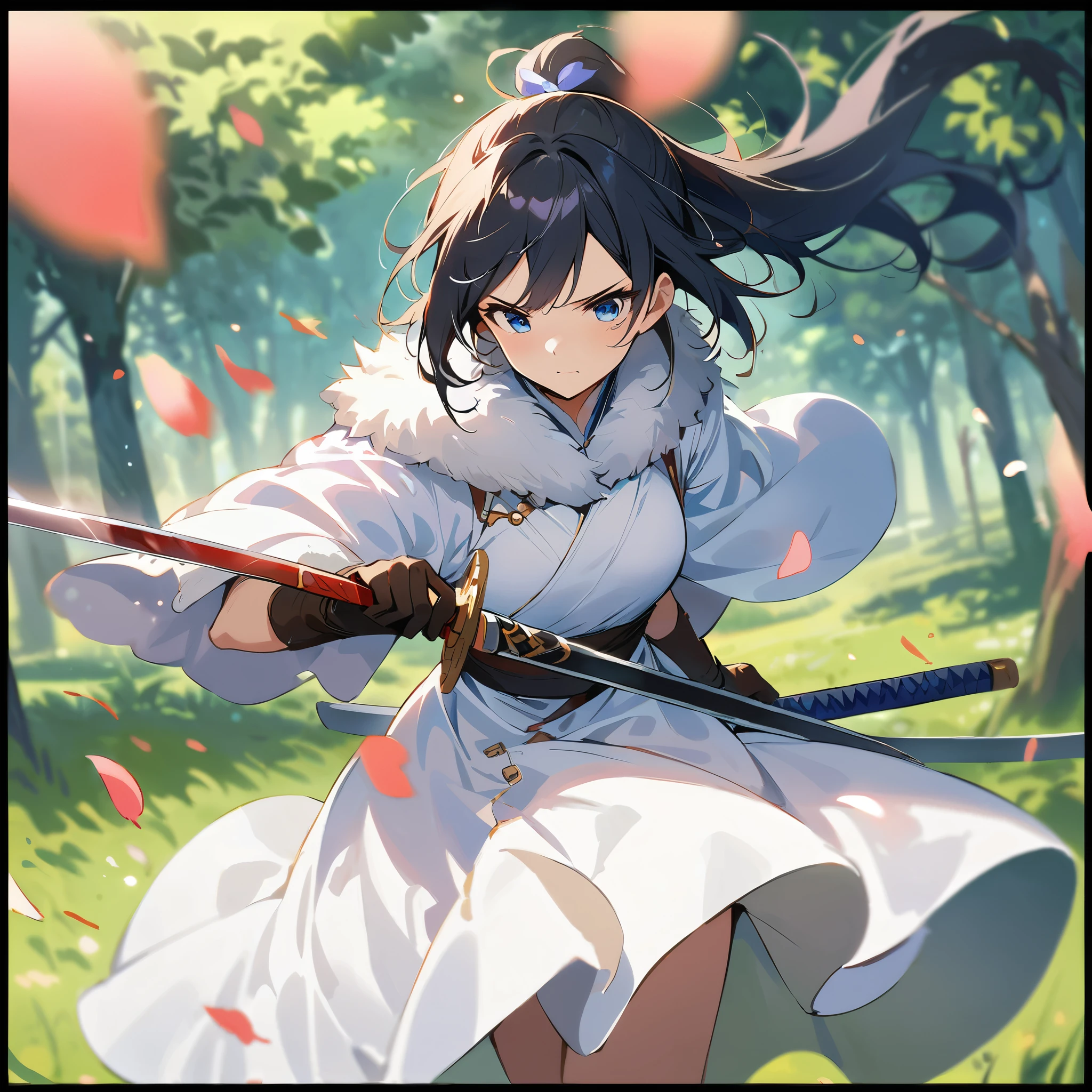 (windy),(blood),(motion blur),(dress in white),Petals fluttering in the wind, shining swords, helpless expression, anger, fighting with death, very detailed expression, very detailed petals,ponytail, 2swordsman fighting,fight,gongfu,stand in trees, 2swordsman stood in a peach tree forest with petals dancing,petals , detailed ,completing the stable diffusion of serenity and contentment,masterpiece, best quality,masterpiece, best quality, swordman,holding a sword(trees:0.5),(eagle:0.5), (bamboo:0.2) fighting stance, 1man, glowing, solo, weapon, sword, tree, holding, gloves, outdoors, sheath, border, holding weapon, black hair, holding sword, fur trim, looking away,look at view