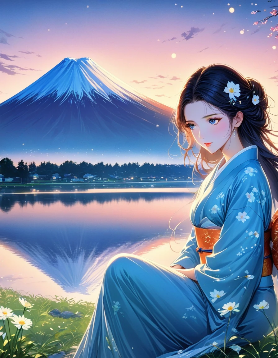 dusk landscape, sunset，pond，masterpiece, Japanese cartoons, kawaii, Lovely, Romantic, best quality, 2other, couple, Mature, aldult, height difference, different fashion, different color, Casual Wear, long sleeve, Smile, happy, like, whirlwind, blue sky, long hair man, light brown hair man, dark haired woman, dark haired woman  