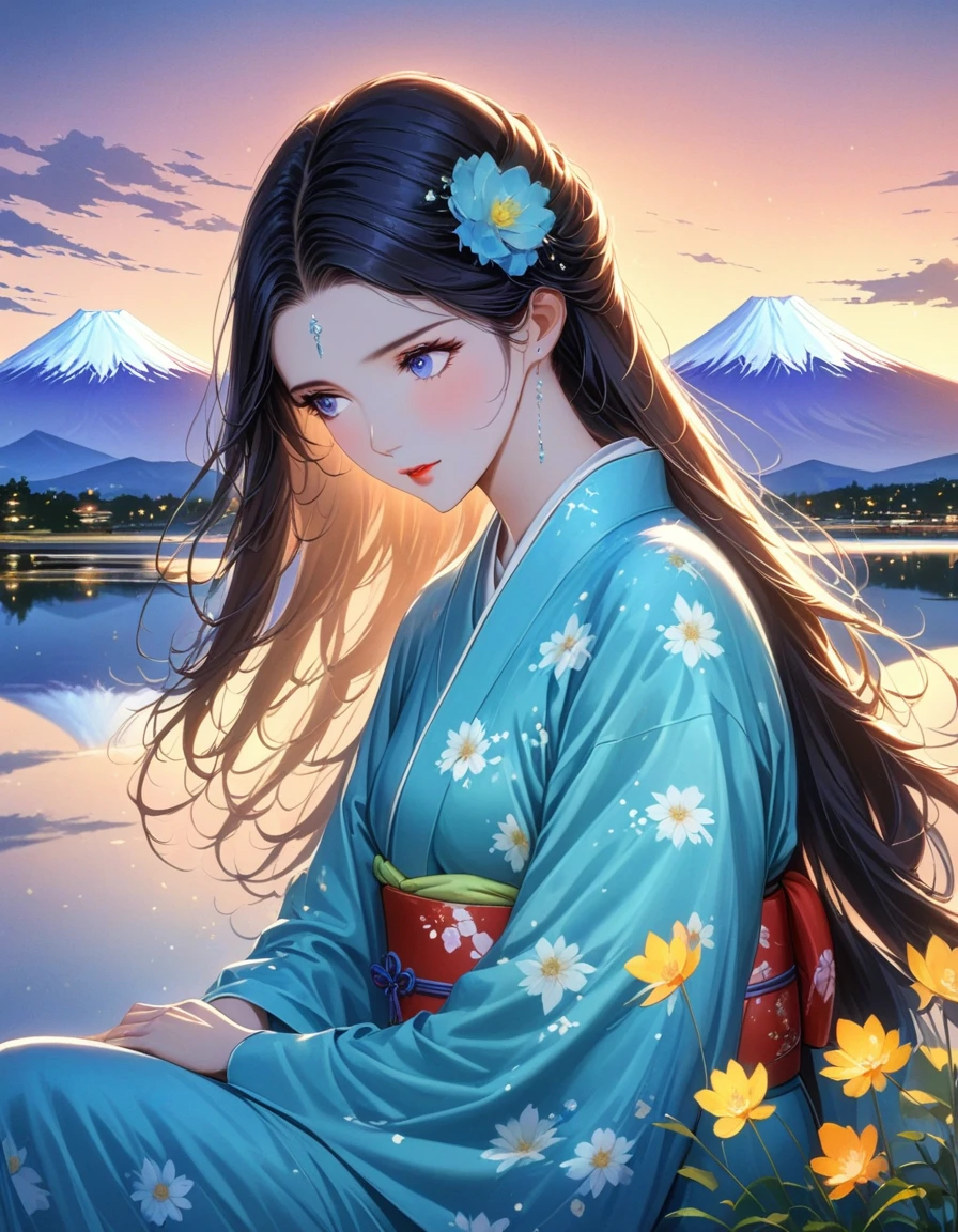 dusk landscape, sunset，pond，masterpiece, Japanese cartoons, kawaii, Lovely, Romantic, best quality, 2other, couple, Mature, aldult, height difference, different fashion, different color, Casual Wear, long sleeve, Smile, happy, like, whirlwind, blue sky, long hair man, light brown hair man, dark haired woman, dark haired woman  