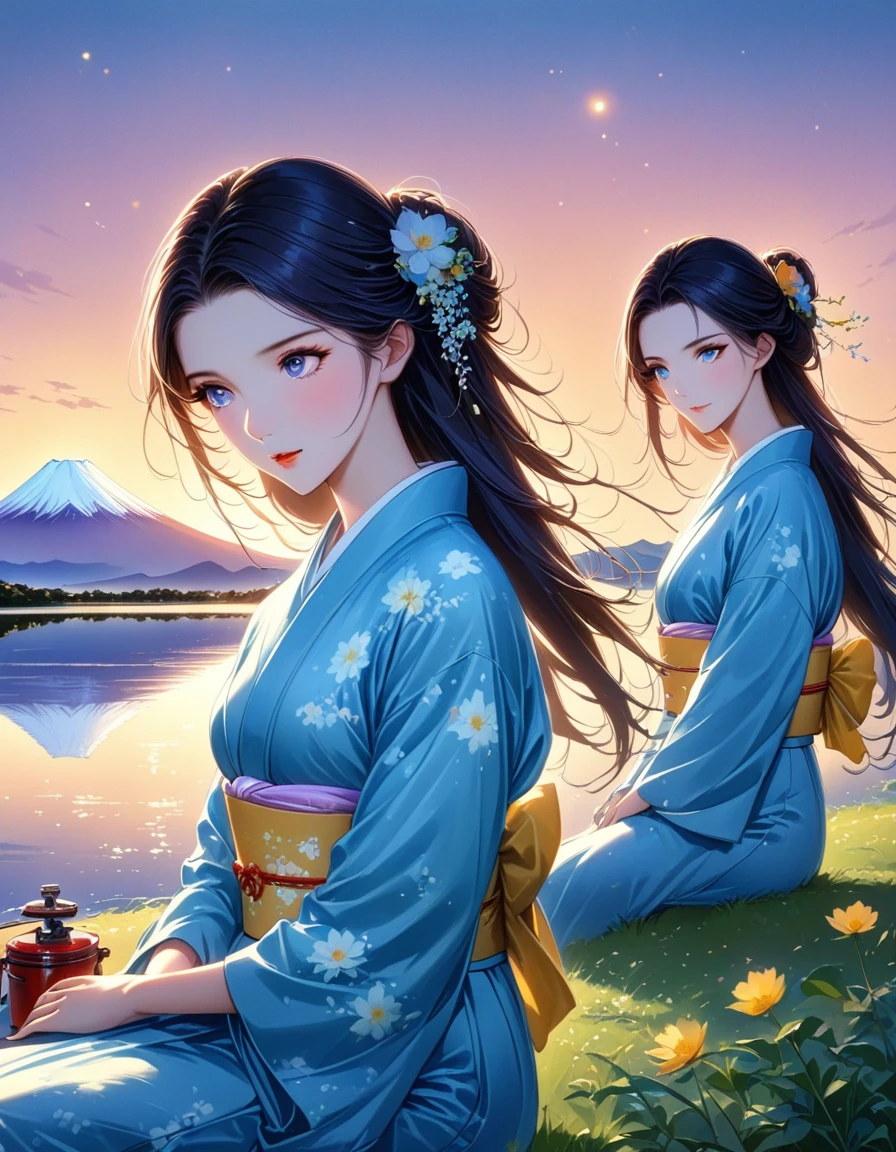 dusk landscape, sunset，pond，masterpiece, Japanese cartoons, kawaii, Lovely, Romantic, best quality, 2other, couple, Mature, aldult, height difference, different fashion, different color, Casual Wear, long sleeve, Smile, happy, like, whirlwind, blue sky, long hair man, light brown hair man, dark haired woman, dark haired woman  