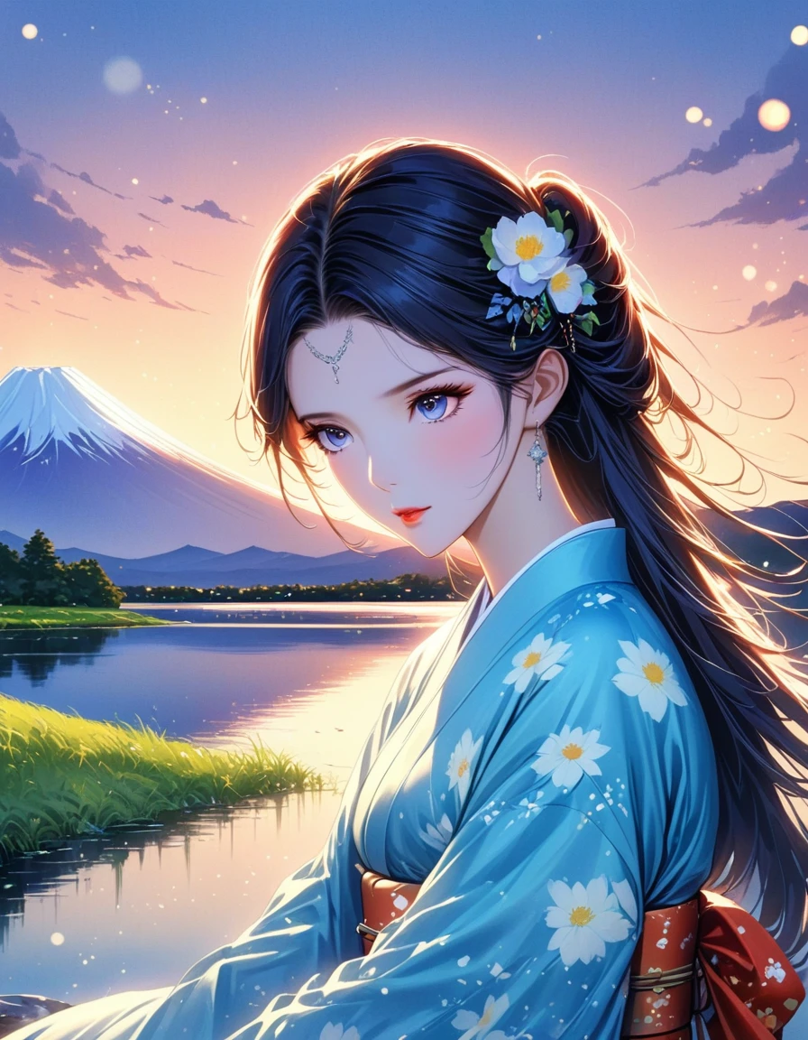 dusk landscape, sunset，pond，masterpiece, Japanese cartoons, kawaii, Lovely, Romantic, best quality, 2other, couple, Mature, aldult, height difference, different fashion, different color, Casual Wear, long sleeve, Smile, happy, like, whirlwind, blue sky, long hair man, light brown hair man, dark haired woman, dark haired woman  