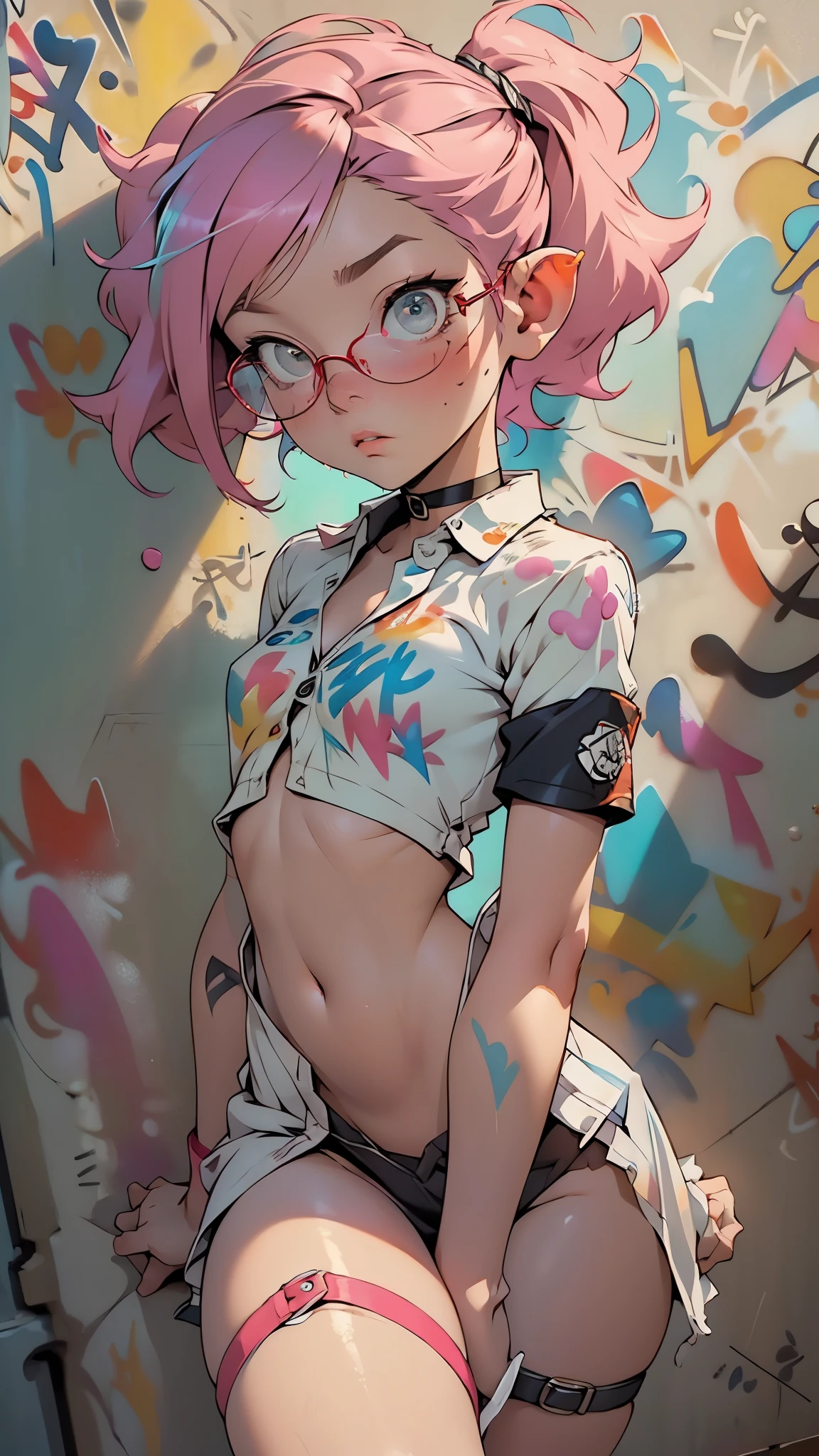 choker, (graffiti:1.5), paint splatter, arms behind back, against wall, looking at viewer, armband, thigh strap, paint on body, pink wing, head tilt, bored, multicolored hair, headset,slim body pink polkadot bubble design, psycho, cool pose, left crab arms, zooble, cool sit pose, abstract triangular shapes, clown vibe, no emotion, no sooul,Masterpiece, Best quality, 8K, Cinematic light,tchibi, 1girl,full bodyesbian,Russian,extra very short hair, ((rainbow hair)), ((micro thong)), ((aqua eyes)), intricate eyes,beautiful detailed eyes,symmetrical eyes,ponytail,(pointed ears),round frame glasses,wide hips,Pouting expression, cute, ((thigh_strap)),anime girl,(((liquid paint hair:1.1))), lustrous skin:1.5,bright skin: 1.5,skin tanned,shiny skin,very shiny skin,shiny body,illuminated skin,wet skin,long pigtails, twin pigtails, school girl skirt, open shirt, unbuttoned shirt, shirt unbuttoned and open exposed breasts, embarrassed, chest out, exposing breasts, bare legs, long legs, thick legs, tiny frame, small breasts, breasts out, showing, tiny uniform, shown, embarrassed expression, tsundere, breasts out, breasts exposed, navel, flashing, grabbing shirt open, grabbing shirt open to expose breasts, both hands gripping shirt, hands gripping shirt, grabbing shirt apart

(nsfw:0.55), ((flat chested, flat stomach, baby face)), (intense colors),