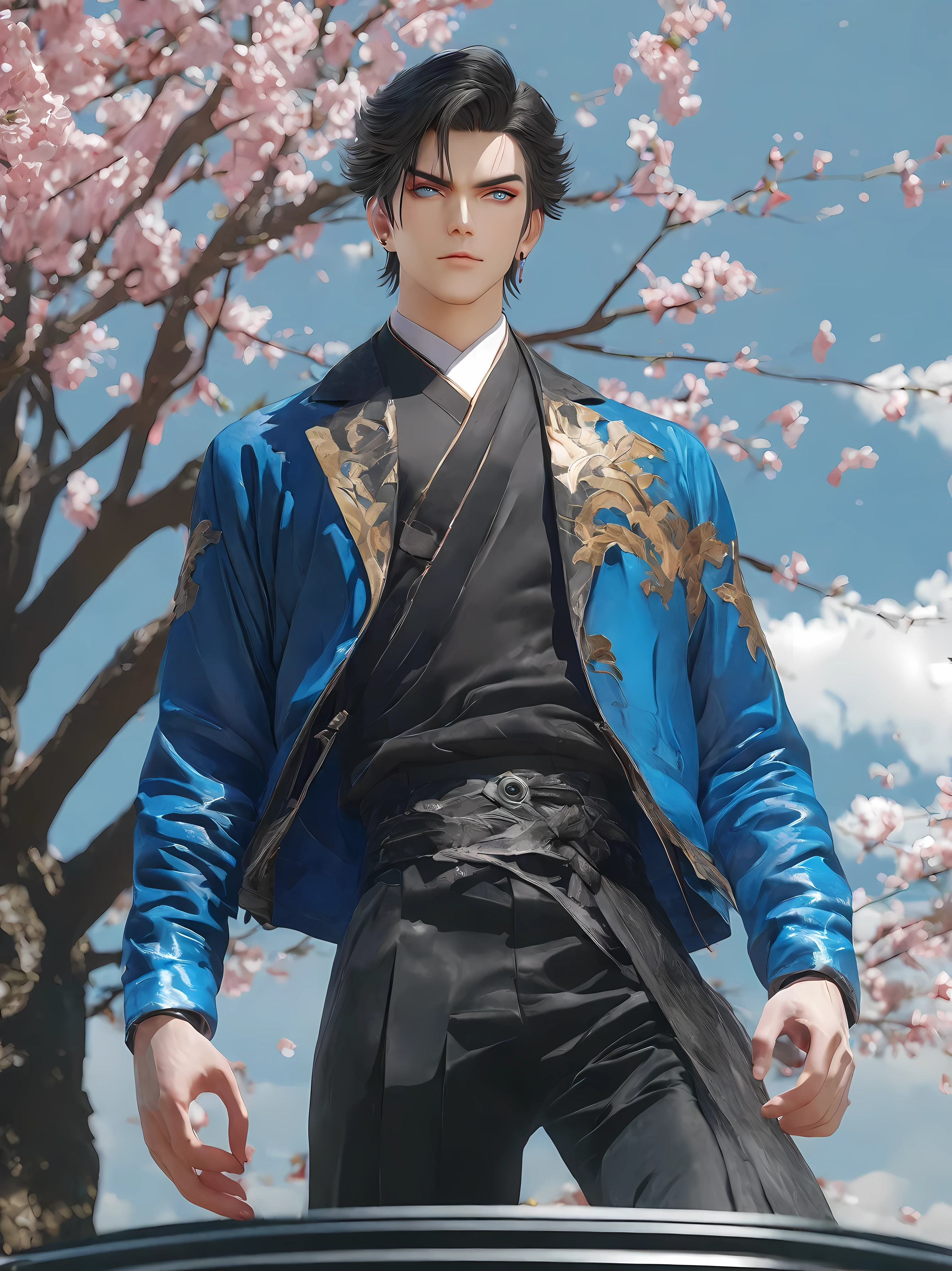 diy14，Highest quality, ultra-high definition, masterpieces, 8k, realistic, anime styled, 3d render，anime - style image of a man in a black suit and red and blue jacket, handsome guy in demon slayer art, anime style 4 k, badass anime 8 k, handsome anime pose, tall anime guy with blue eyes, by Yang J, high quality fanart, anime art wallpaper 8 k, high quality anime artstyle, young anime man, demon slayer rui fanart
