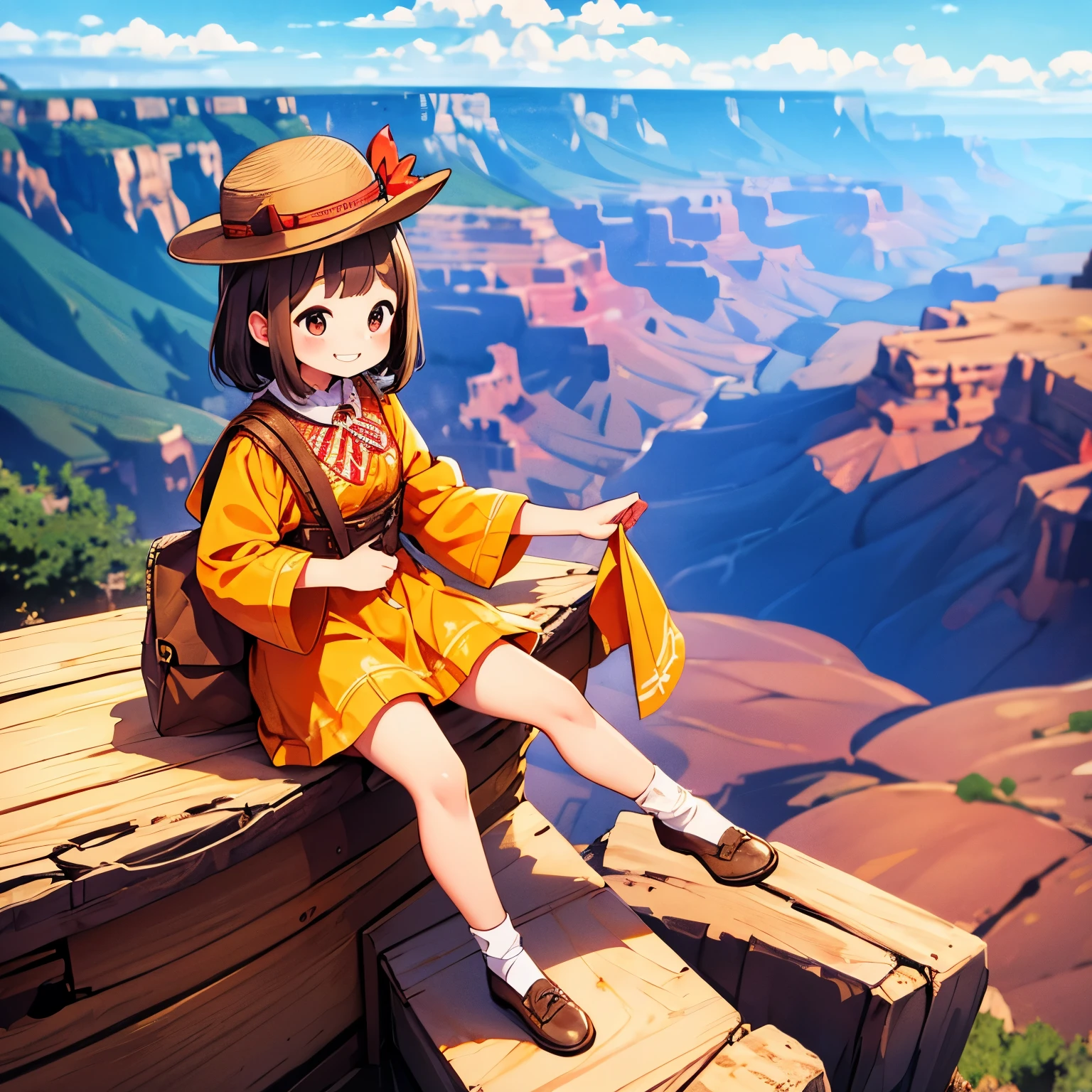 Tourism in the United States、Grand Canyon、pretty girl、happy face、Western Costume、steak、brown skin、masterpiece、highest quality、best image quality