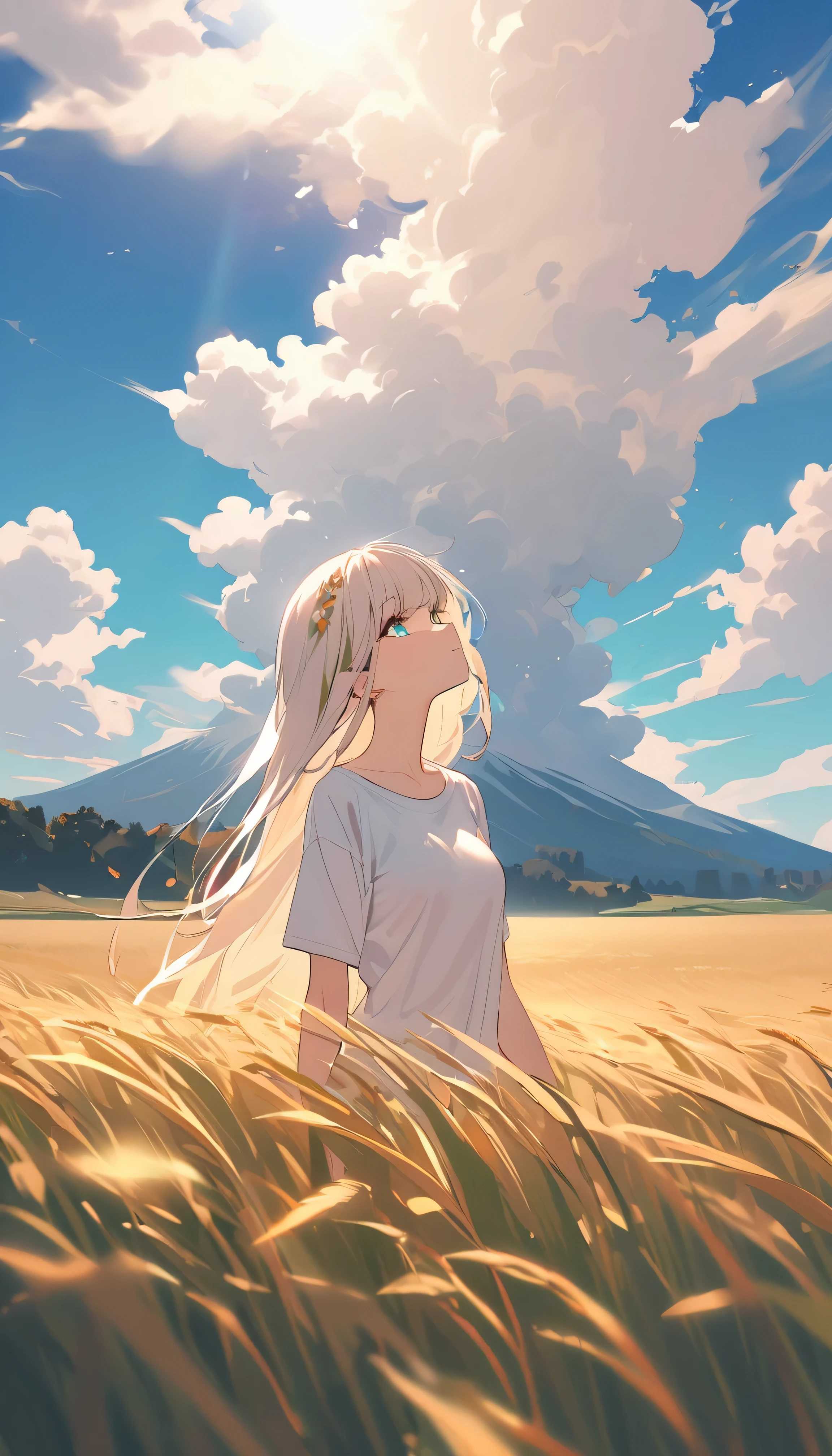 Masterpiece, saturate, full HD, best quality, 1girl, ( young girl, cute girl), slim body.medium breast, white  light hair.detailed beautiful eyes. Glowing eye. Bright aqua eyes, long hair, bangs. White T - shirt oversized,  bandage at her face. Green leaf hair ornament. girl's head facing up, standing at wheat field, day sky, Columbus cloud